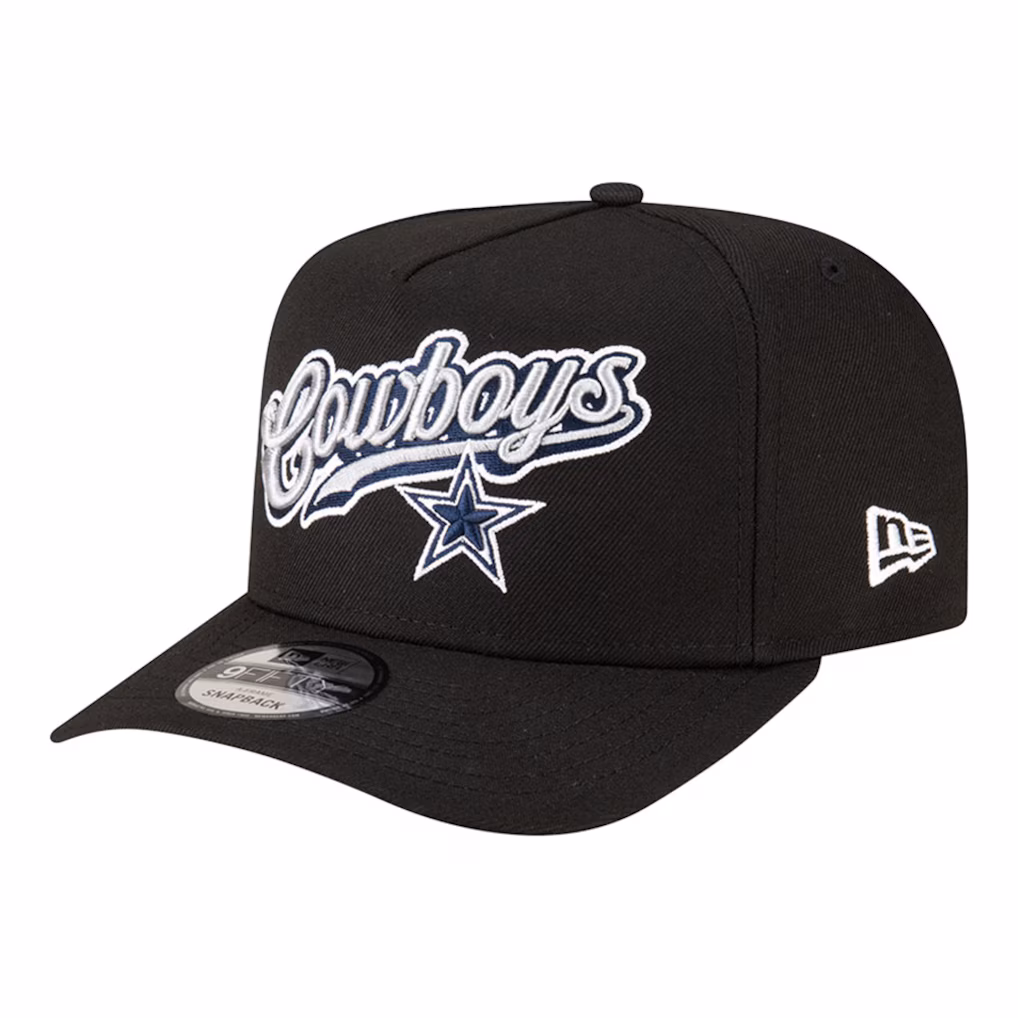 Angled front view of the Men's New Era x Born x Raised Black Dallas Cowboys A-Frame 9FIFTY Snapback Hat featuring raised script embroidery.