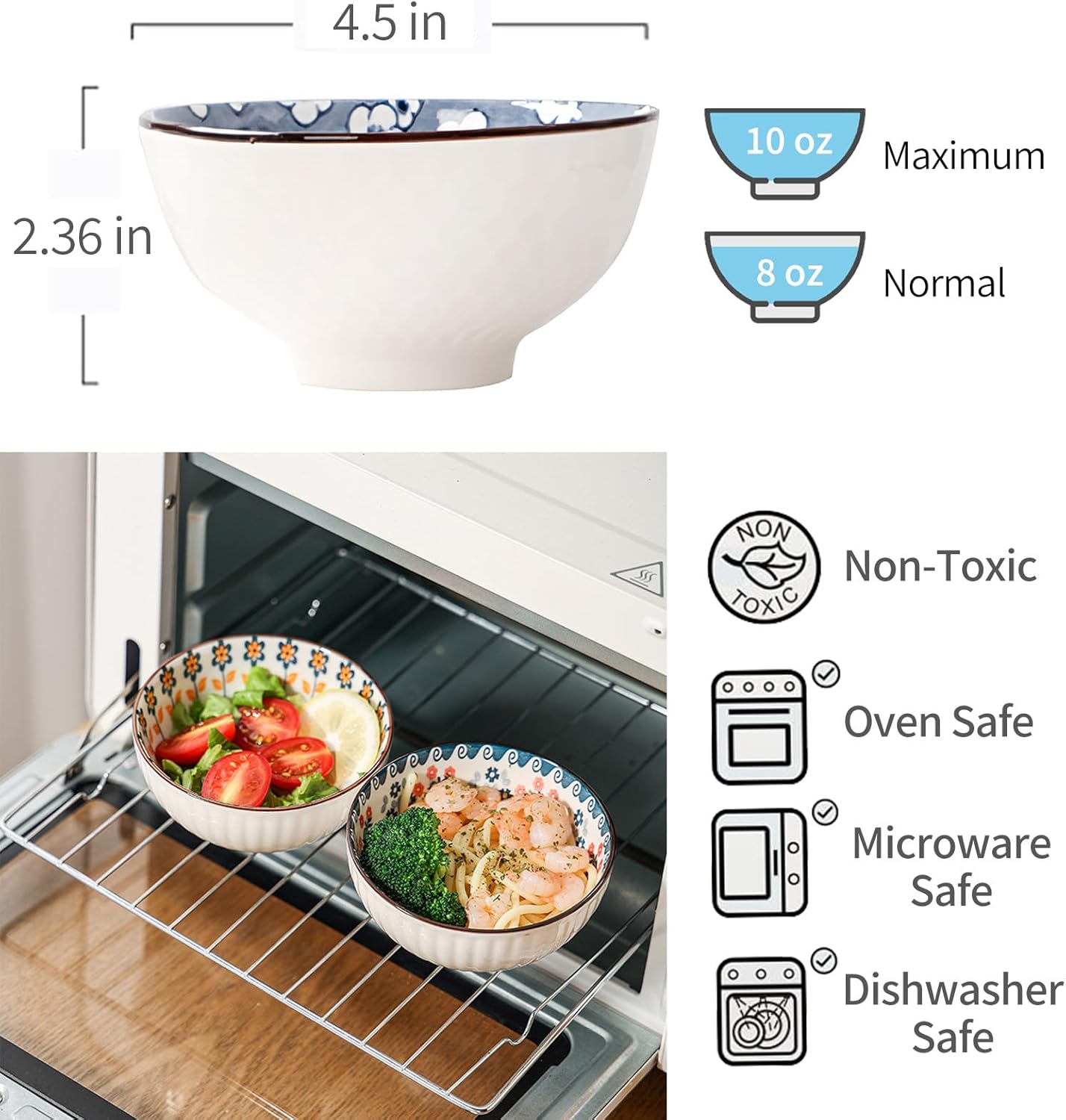 Rice Bowls 10oz, Japanese Style Bowls Set of 6 with Gift Box - Blue and White Ceramic Bowls for Soup, Dessert, Ice Cream, Snack - Kitchen Gifts for Women (Blue and White)