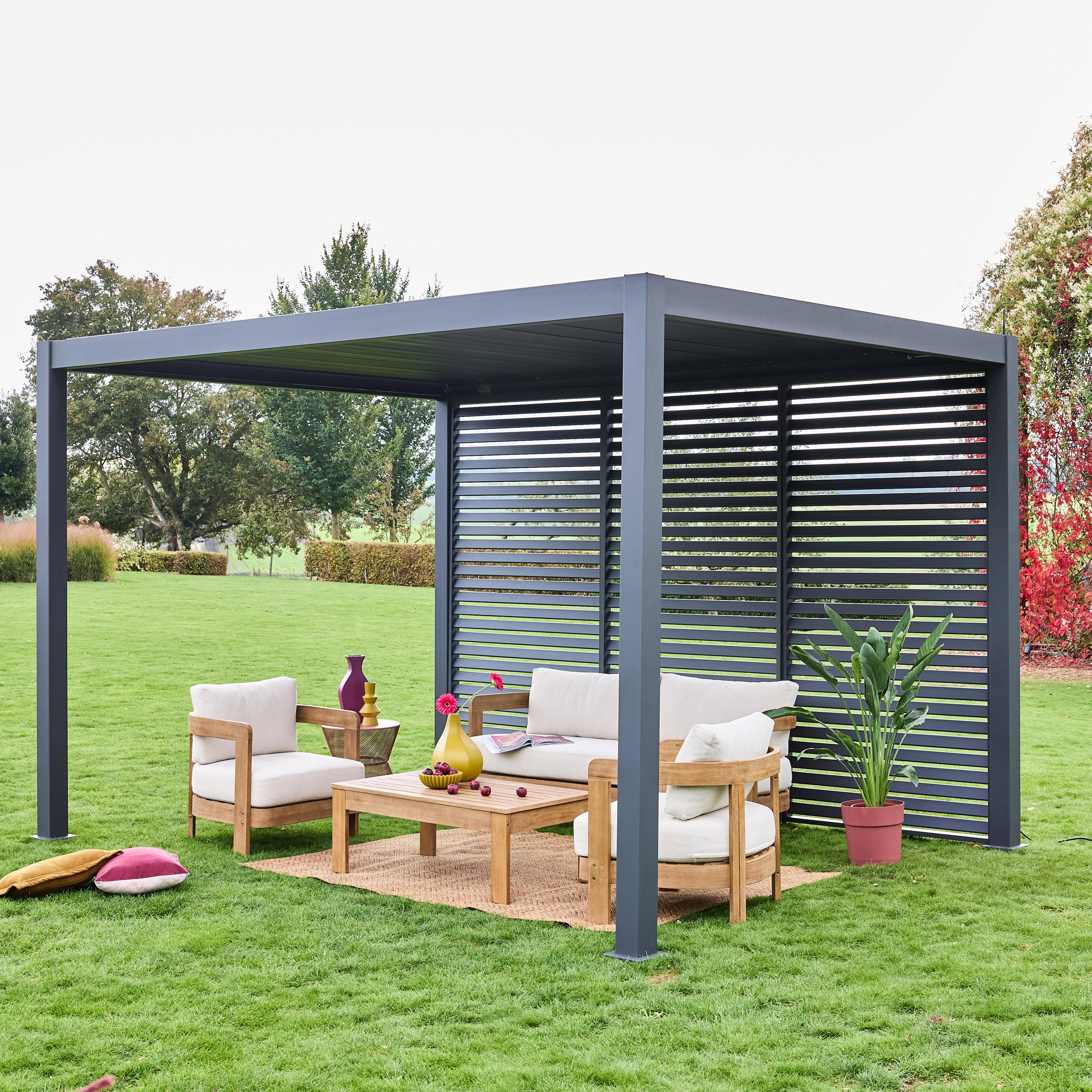 Triomphe 3x4m + accesorios - Pérgola bioclimática de aluminio 3x4m + 3 persianas de 130cm