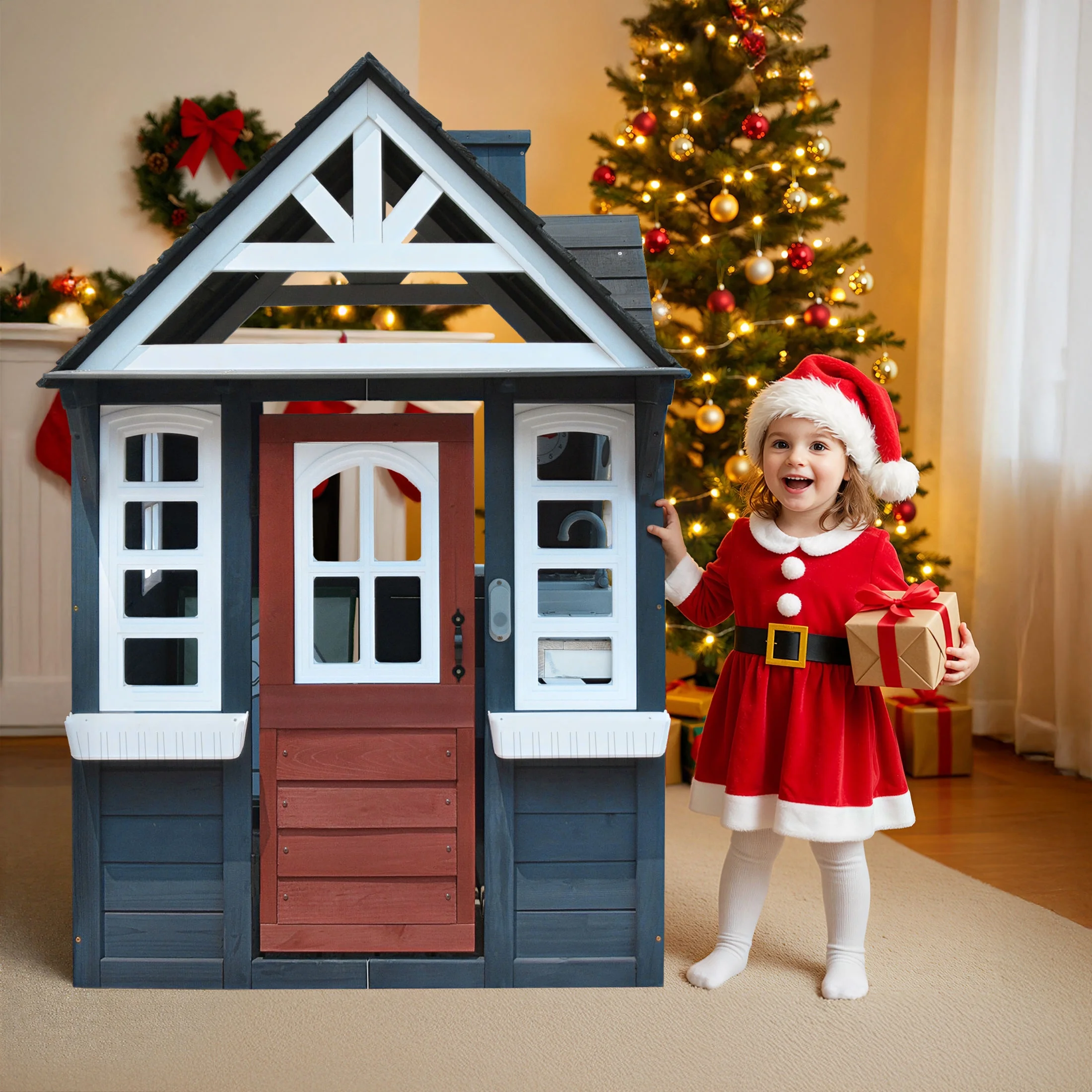 COCLUB Outdoor Playhouse for Kids Ages 4-8, Wooden Play House with Doorbell, Phone, Kitchen Toys, Outdoor Kids Play Equipment, Casa Para Ni?as (45-L x 65-H), White & Black - Image 19