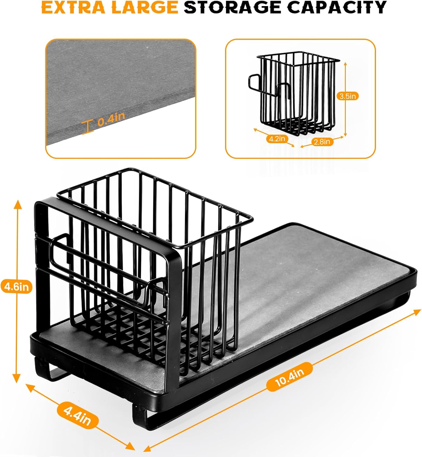 KONE Black Kitchen Sink Caddy: Kitchen Sponge Holder with Instant Drying Stone and Brush Holder, Rustproof Sink Organizer for Sponges, Soap, Home Decor Storage and Organization