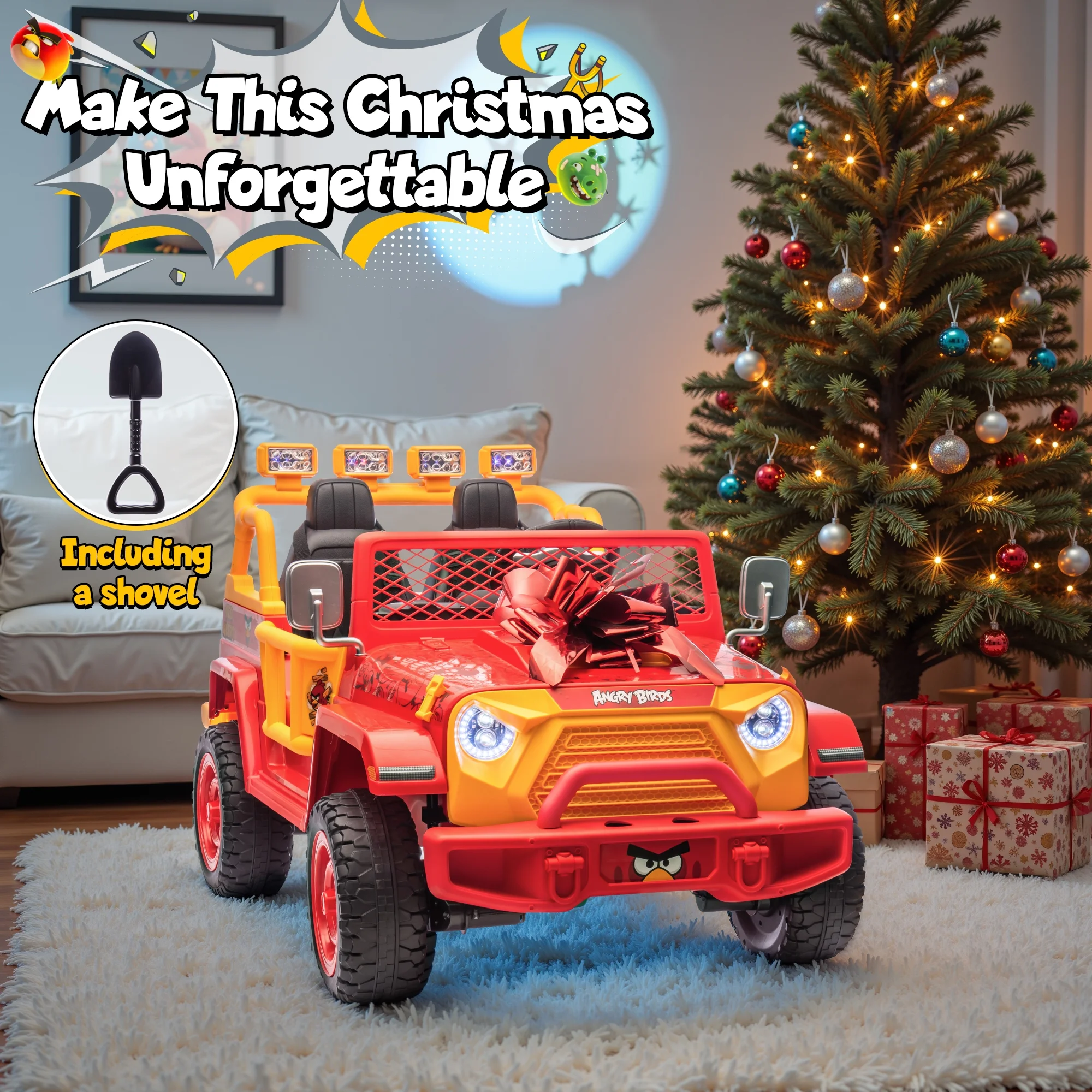 Joyracer 24 Volt Ride on Toys for Big Kids, Licensed Angry Birds Ride on Truck with Remote, 2 Seater 4WD Electric Ride ons with Shovel, Bluetooth, Lights, Power Car Wheels for 3-8, 130lbs, Green - Image 25