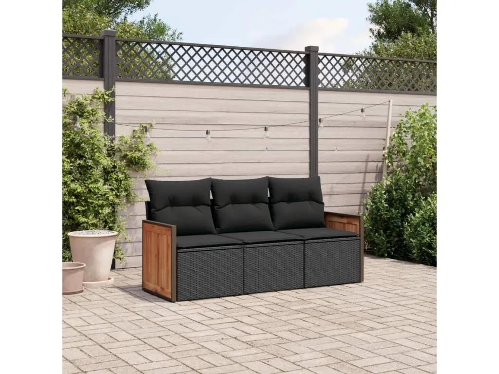 Set de sofás de jardín con cojines 3 pzas ratán sintético negro HQGO44203