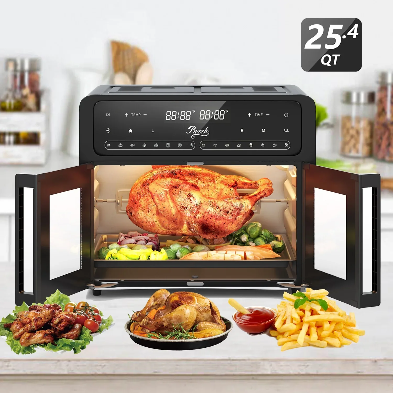 PwZzk 25.4QT Dual Zone Air Fryer Toaster Oven Combo, French Glass Door, XL Capacity, 100-430��F Temperature Range, 16 Preset Functions, LED Display, Dual Fan, 360�� Heat Circulation, Rotisserie, Bake,