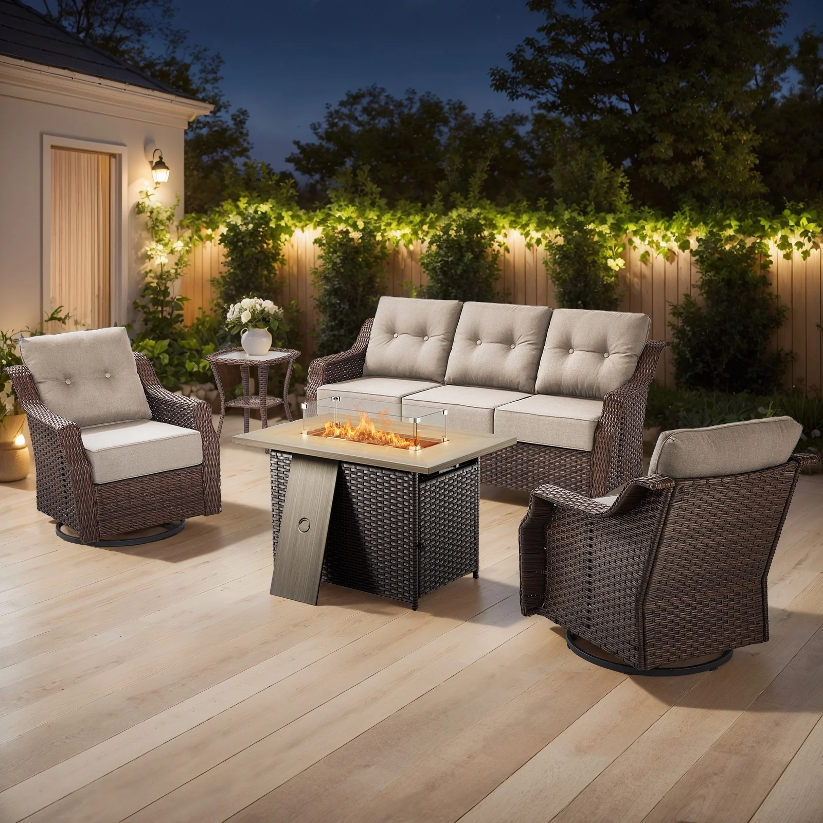 Bellefurn Outdoor Patio Furniture Set with Fire Pit and Swivel Rocker Chair,High-Back Wicker Outdoor Conversation Sets with 3 Seater Couch and Side Table Set for Porch,Deck,Garden - Image 2