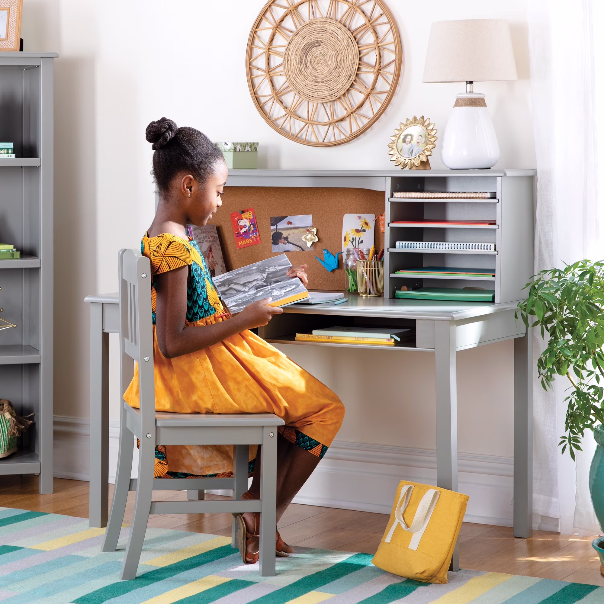 Guidecraft Kids Media Desk and Chair Set - Gray: Kids Desk and Chair Set, Study Table for Kids with Hutch and Shelf, Wood Bedroom Furniture Set(Gray)