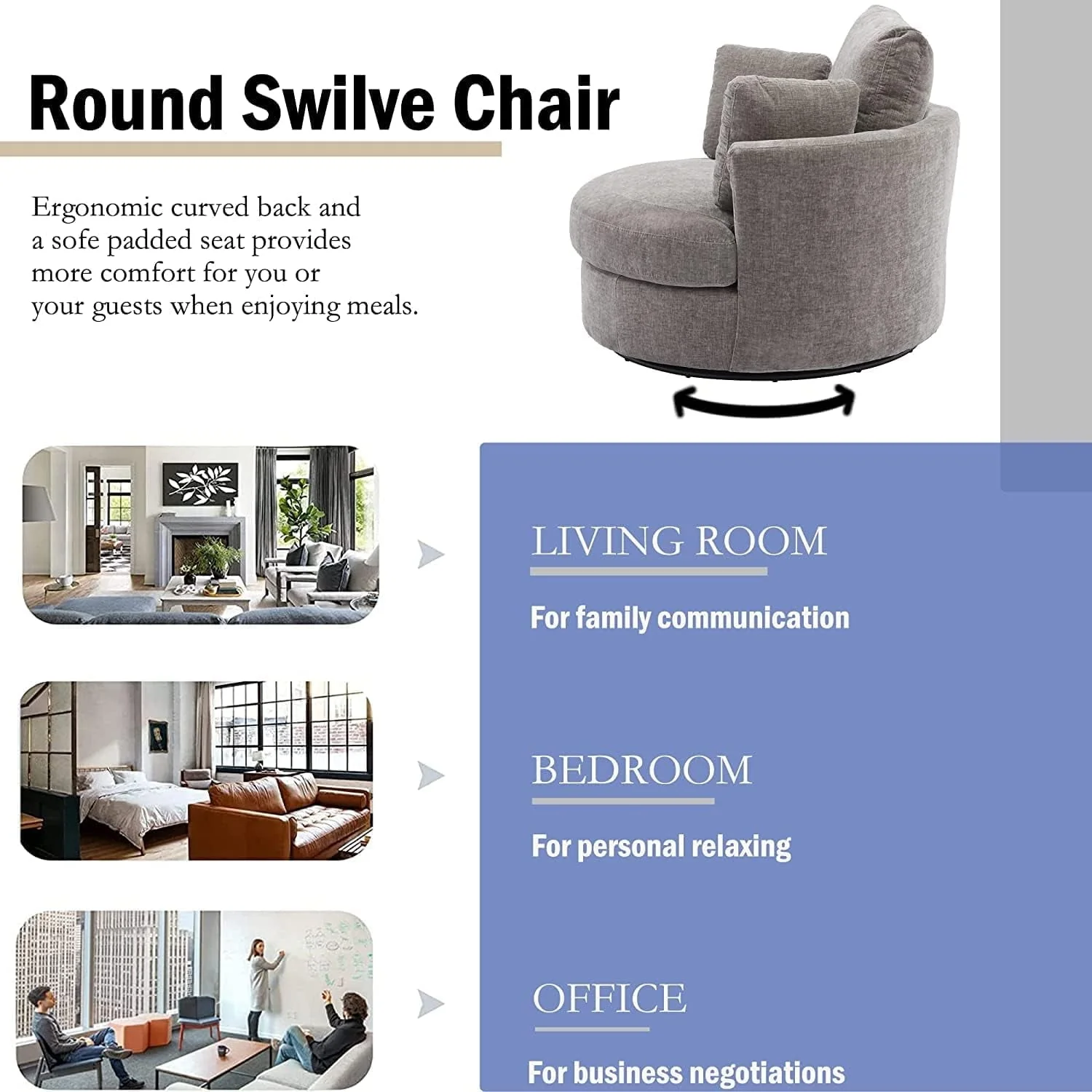 42" W Small Loveseat Sofa Couch, Swivel Barrel Chairs for Bedroom 360 Degree Swivel Accent Chairs for Living Room, Chenille Fabric Club Chair Chaises Lounges for Living Room/Office/Hotel, Grey - Image 5