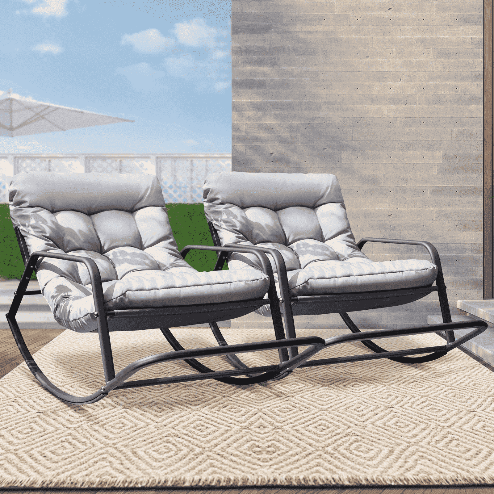 RADIATA Oversized Rocking Chair with Footrest, RADIATA Patio Papasan Rocking Recliner for Indoor Outdoor Use, Heavy Duty Wicker Lounge Chair, 450lbs, Beige - Image 11