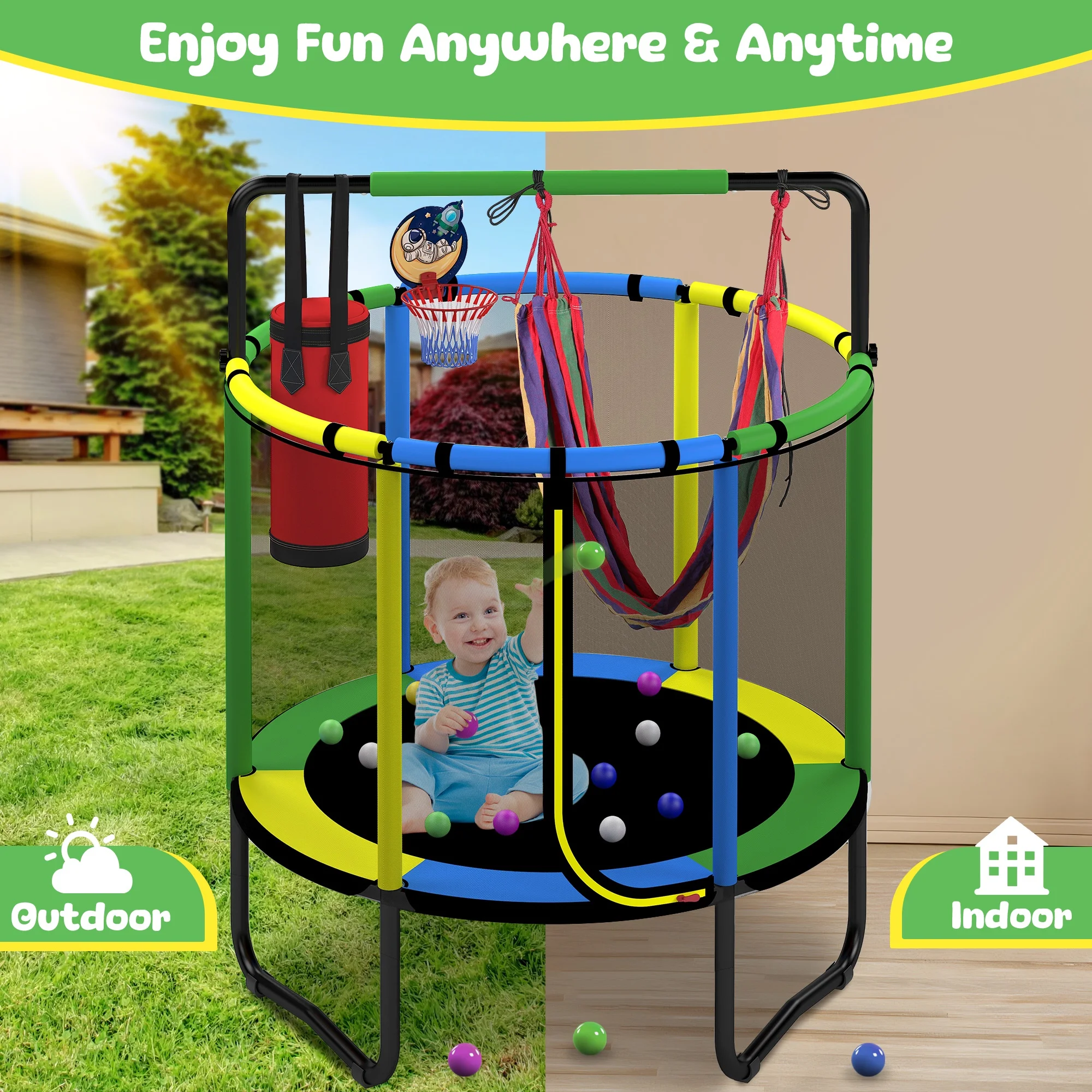 Mini Round Trampoline for Kids with Basketball Hoop, SEGMART 55'' Indoor Outdoor Toddler Trampoline with Enclosure Net, Swing, Sandbag, Ring, Ocean Balls, Small Trampoline Gift for Boys Girls, Blue - Image 29
