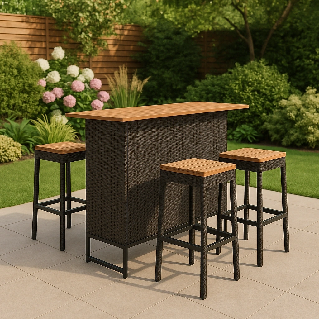 ConjuntosdeBar mesa y 4 taburetes negro/madera mimbre y madera exterior jardín - mFnswQv511at