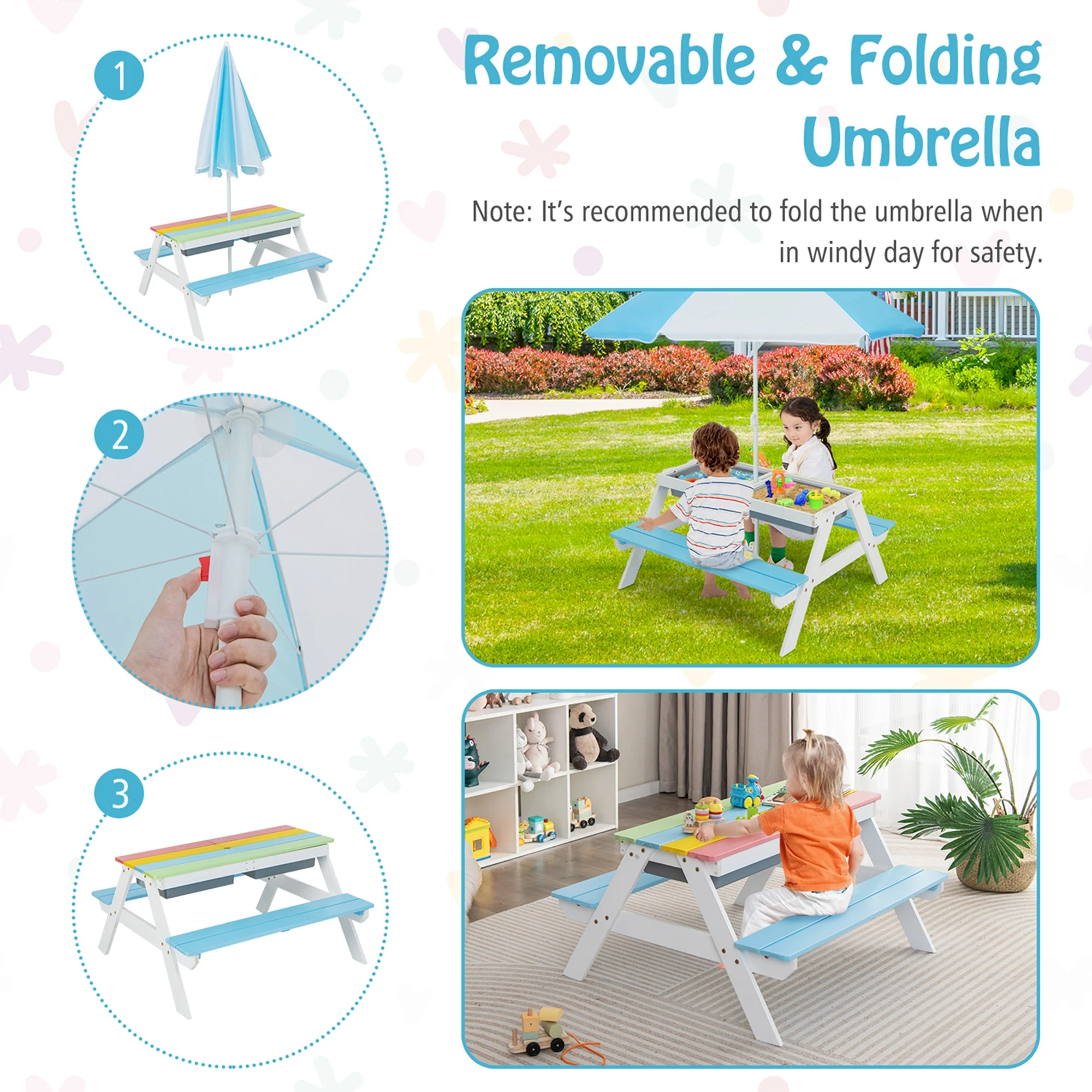 Costway 3-in-1 Kids Picnic Table Wooden Outdoor Sand & Water Table with Umbrella Play Boxes Green - Image 18