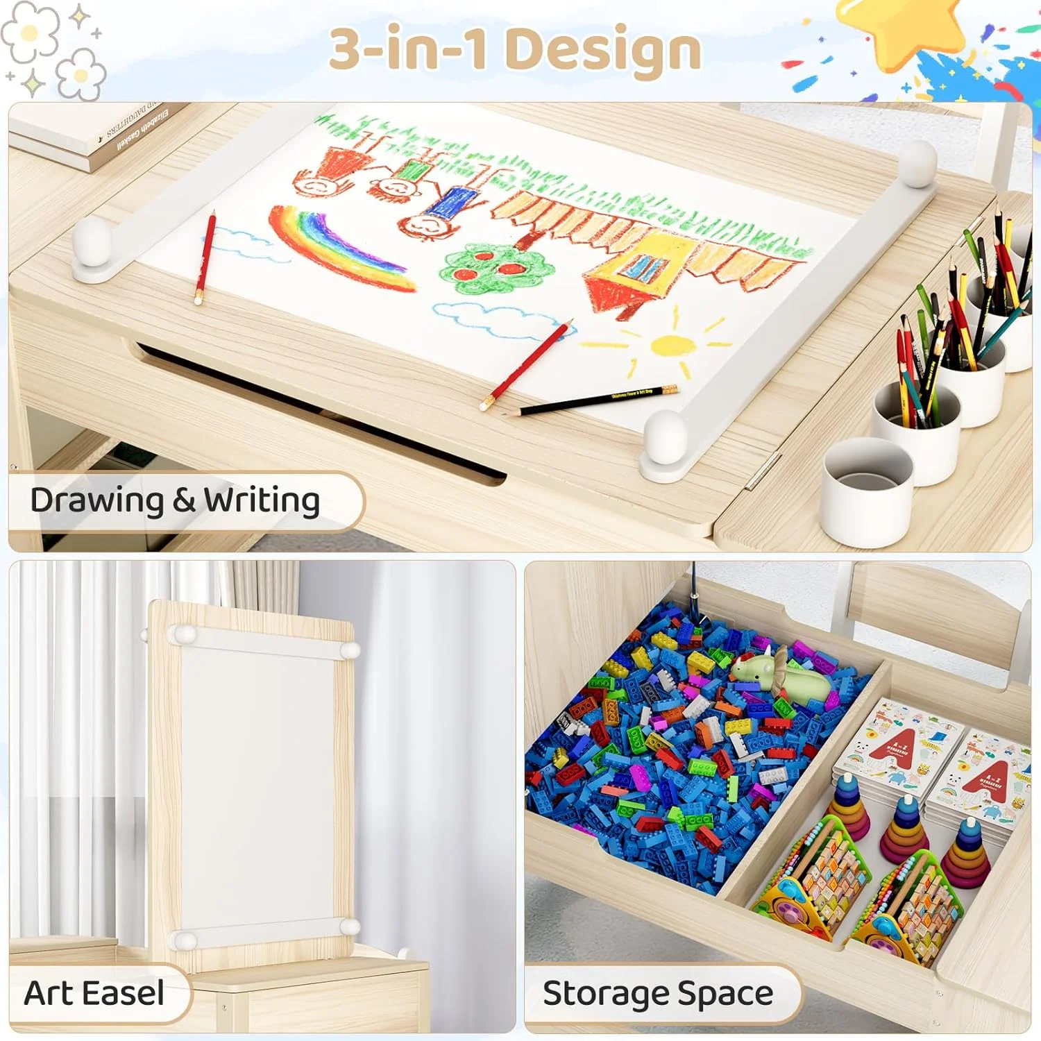 LAZY BUDDY Kids Art Table and 2 Chairs Set, 2 in 1 Easel & Toddler Craft Table and Chairs Set with Storage Bins, Paint Cups and Paper Roll, Activity Table Set for Children 3+ - Image 16