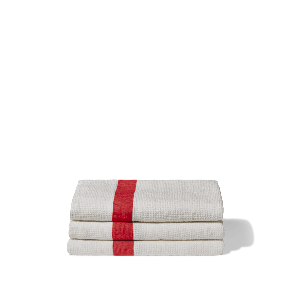 Serviette de bain en lin - Nid d'abeille - Bande Rouge Vermillon