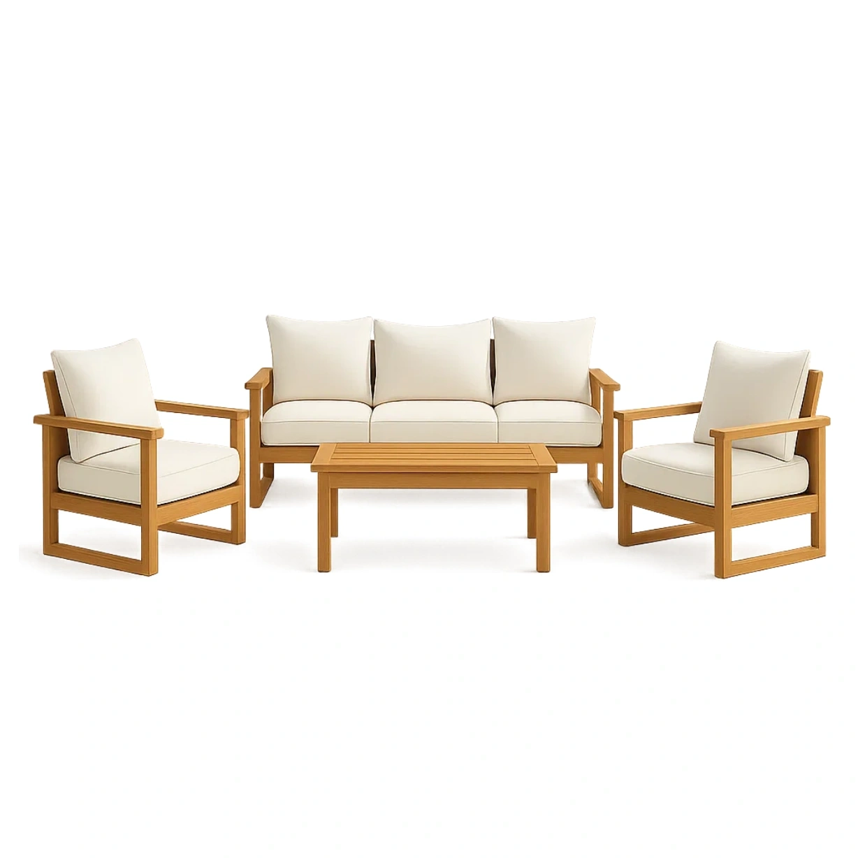 Muebles de salón para jardín 5 piezas con sofá de 3 plazas,2 sillones y mesa de centro de madera de teca color natural cojines blancos instalación fija sofá 190x80x70 cm sillones 80x80x70 cm mesa 100x60x45 cm - WhEI0upPgGJx