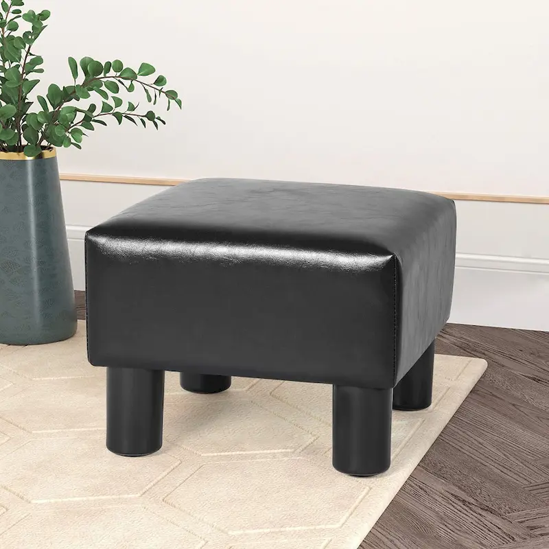 Square Footrest Stool with Upholstered Seat and Wooden Legs