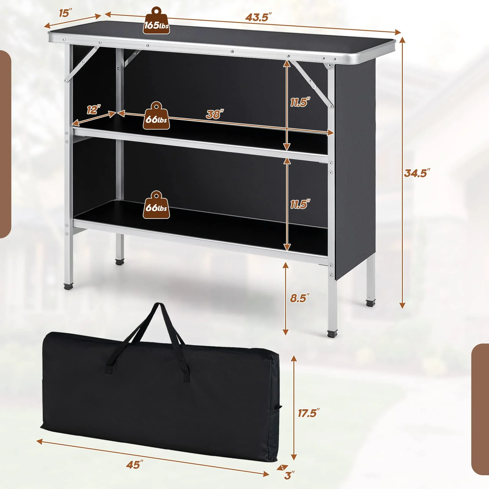 Folding Camping Table With 2-Tier Storage Shelves, Aluminum, 43.5 x 15 x 34.5 in - Image 2 Folding Camping Table With 2-Tier Storage Shelves, Aluminum, 43.5 x 15 x 34.5 in - Image 2
