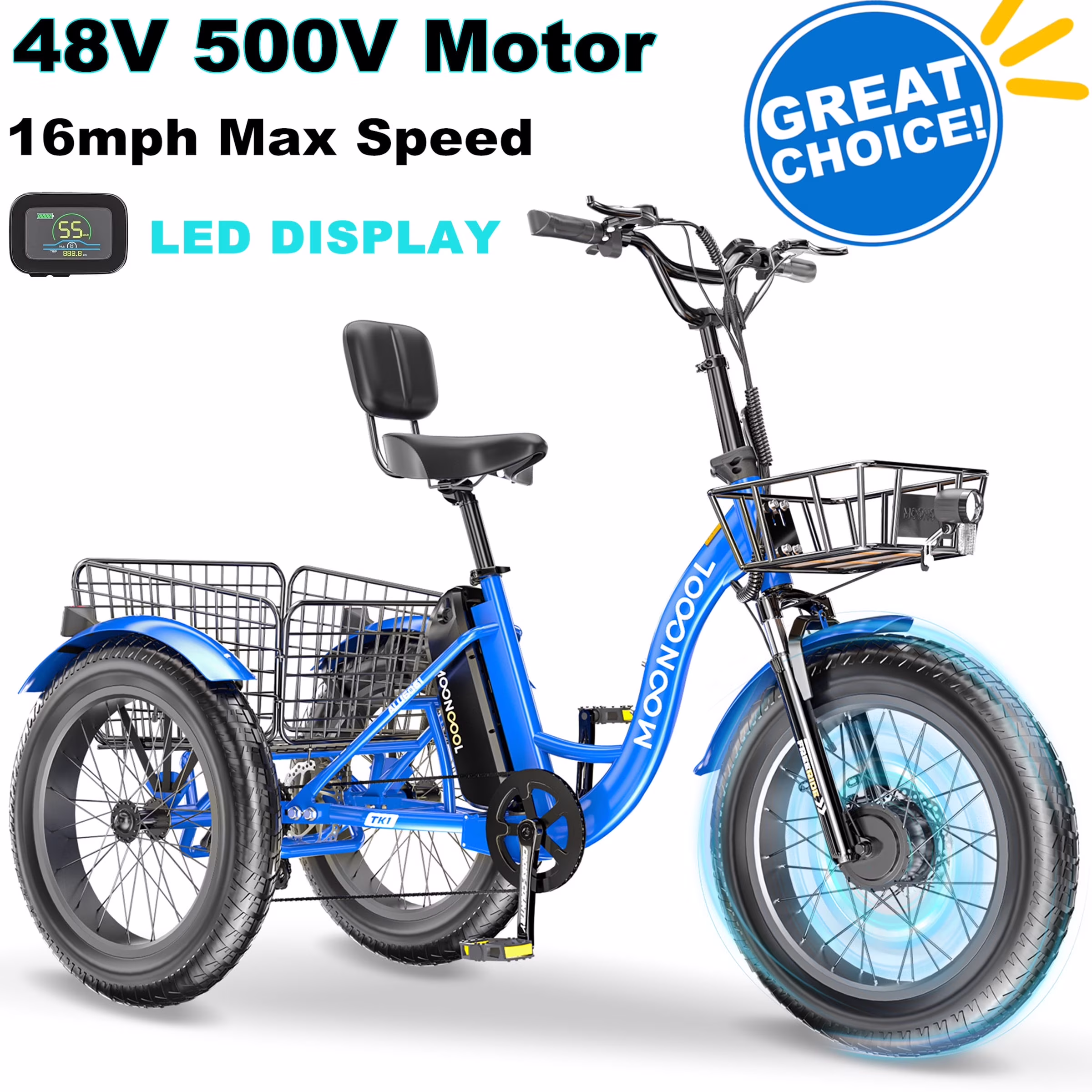 20" x 4" Fat Tire Electric Tricycle for Adult, 7 Speeds Electric Trike 48V 500W Motorized Tricycle, Electric Three Wheels Bicycle for Senior, Aluminum Frame Rear Basket, 16mph(Wine Red)
