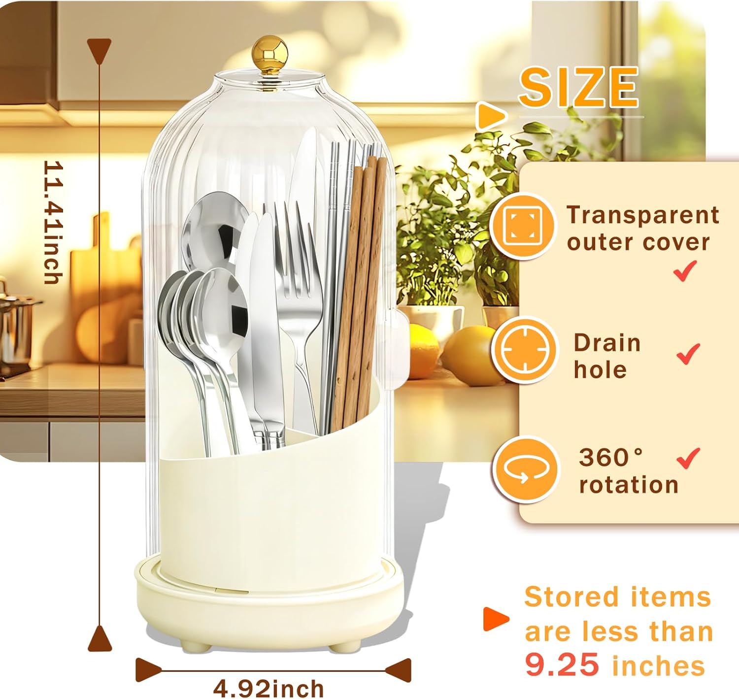 Kitchen Utensil Holder with Sliding Lid and Draining Tray, Self Draining 360° Rotating 3-Slot Kitchen Countertop Organizer Cooking Utensil Crock for Flatware Chopsticks Spoon Spatula Cutlery (White)