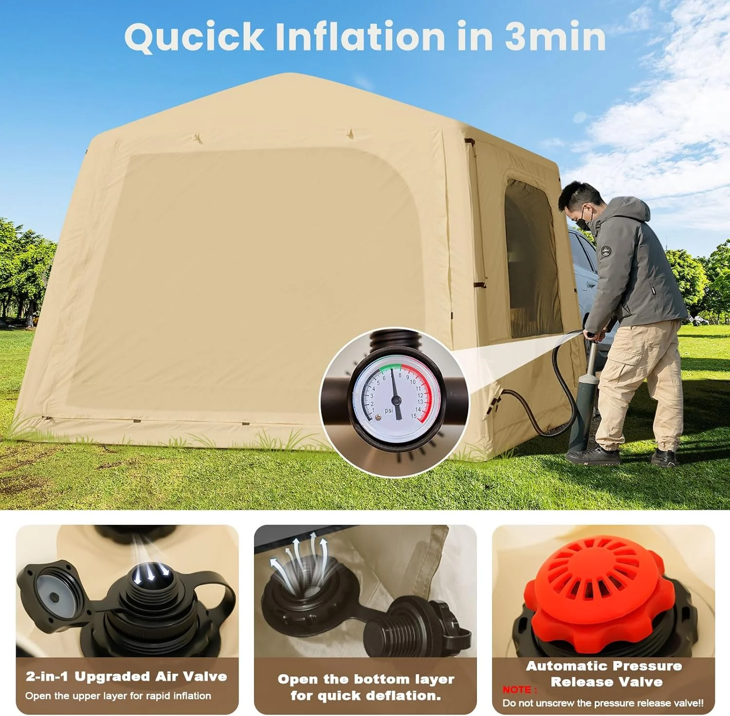 Lilypelle 4-6 Person Blow Up Inflatable Tent with Stove Jack, Hot Tent for Camping with Hand Pump, Waterproof Inflatable Camp Tent with Mesh Windows, Easy Setup Glamping Inflatable House - Image 41