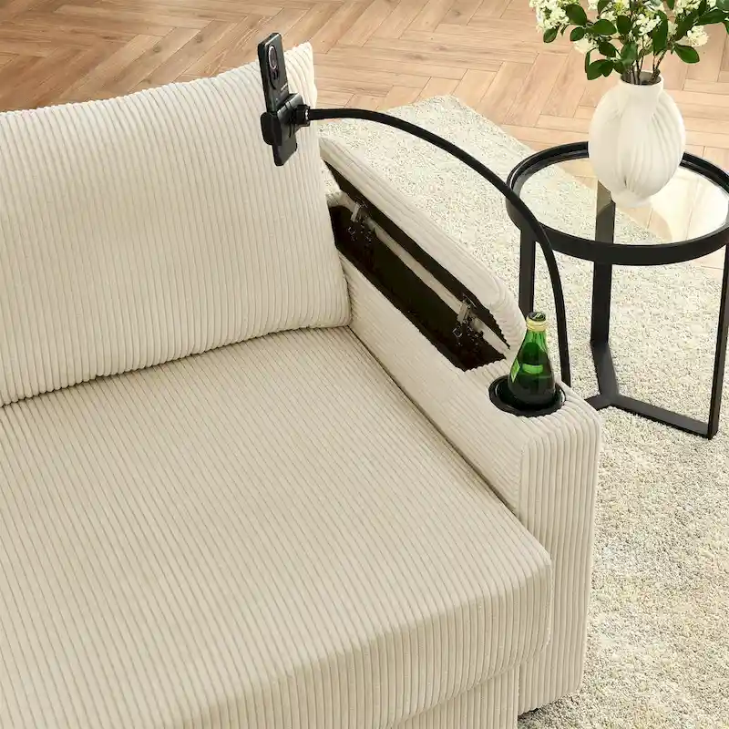 102 Corduroy Contemporary 3-Seater Sofa with Deep Seating, Cup Holders, and Phone Holder