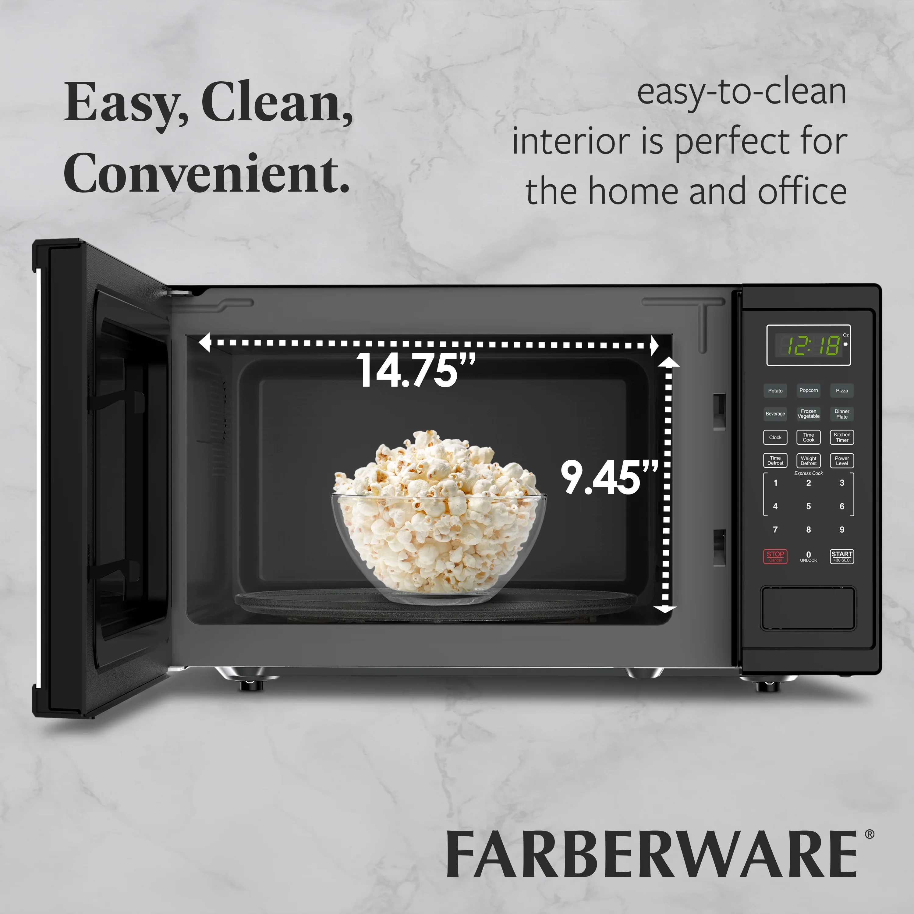 Farberware FMGZ09BKA 0.9 Cu. Ft. Microwave Oven, 900W, Digital Control, LED Display, 6 Cooking Presets, Black