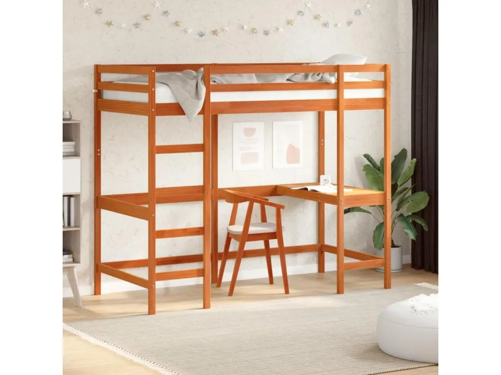 Cama alta con escritorio madera maciza pino marrón 100x200 cm rss3540888