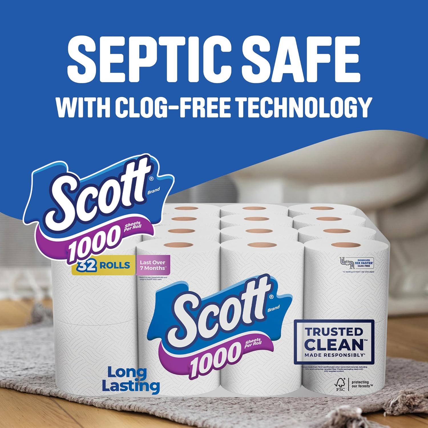 Scott 1000 Trusted Clean Toilet Paper, 32 Rolls, Septic-Safe, 1-Ply Toilet Tissue