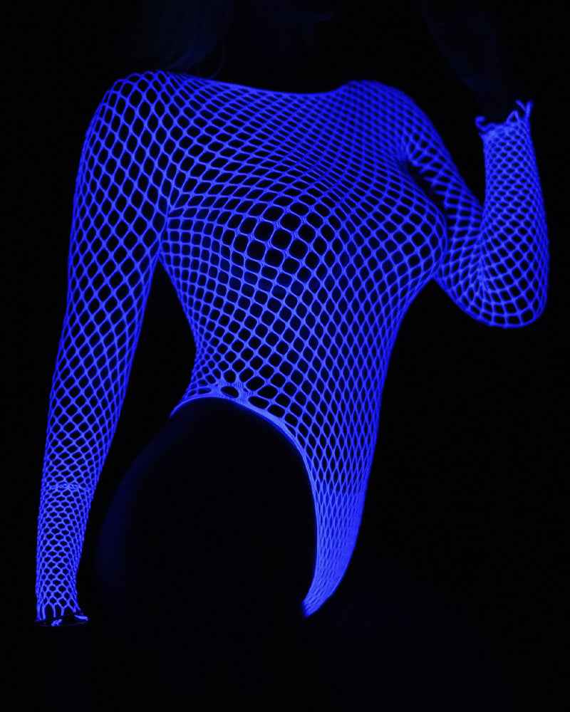 Luminous Blue Long Sleeve Fishnet Bodysuits