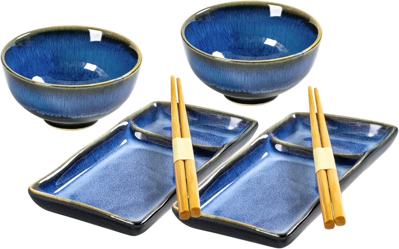 HENXFEN LEAD Ceramic Japanese Appetizer Sushi Plates and Bowls Set for 2 | 7