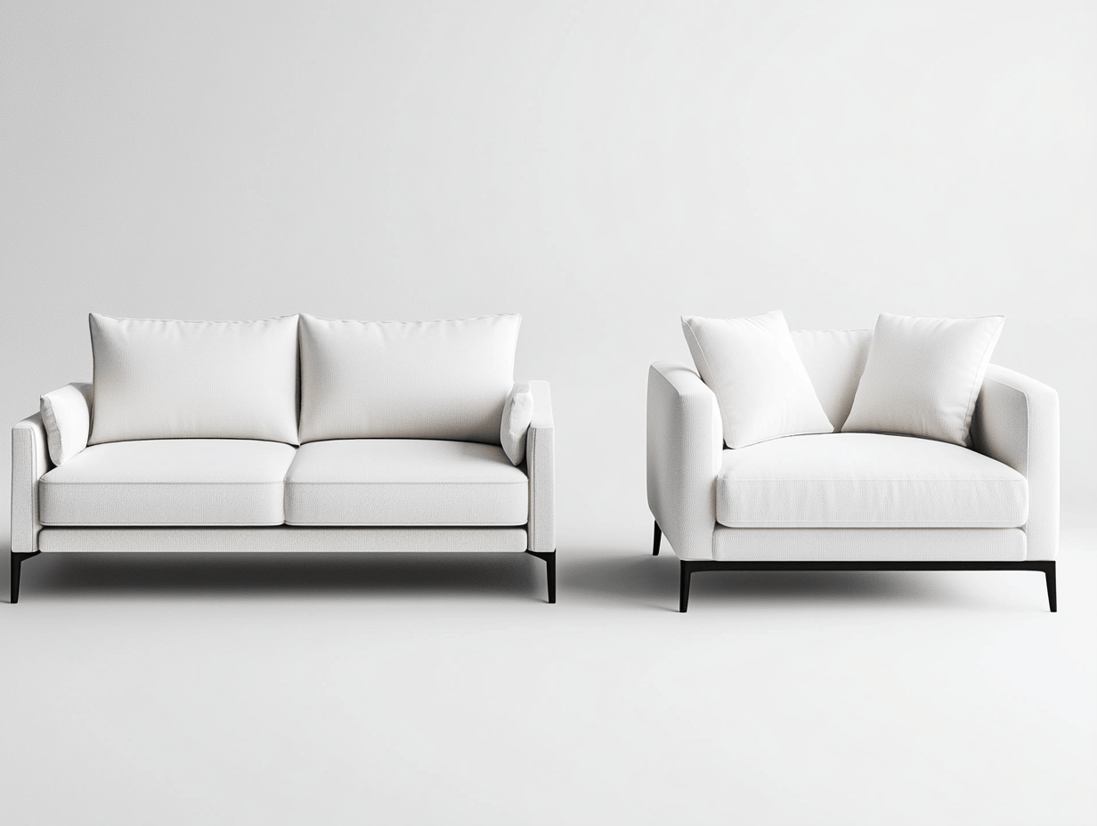 Juego de sofá y sillón blanco – tapizado en tela blanca – patas negras de metal