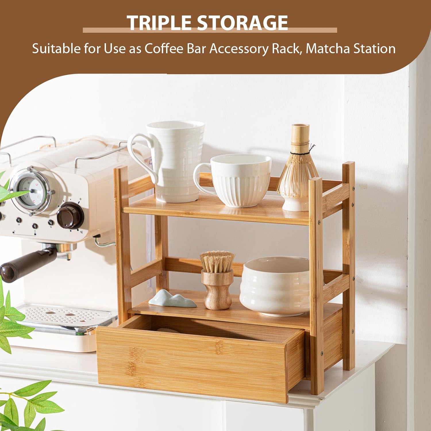 Chunful 2 Tier Matcha Station Bamboo Organizer with Hidden Drawer, Wood Home Coffee Station Organizer for Kitchen Countertops, Coffee Bars, Kitchen & Office Storage(13 L x 6.5 W x 12.6 H)(Natural)