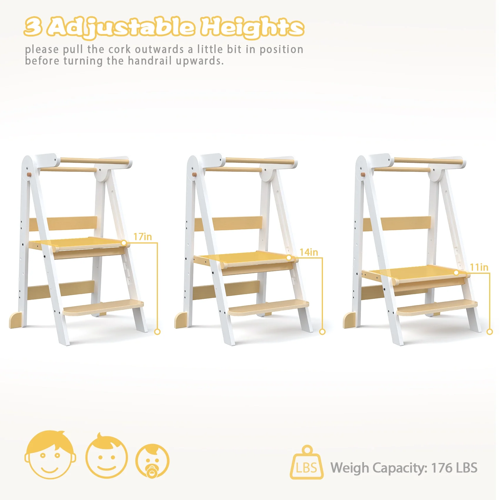 JOZ Kitchen Toddlers Step Stool, Montessori Kids Learning Stool, Foldable Toddler Tower for Counter, Standing Helper for Children, 3 Adjustable Heights, Wooden, White - Image 6