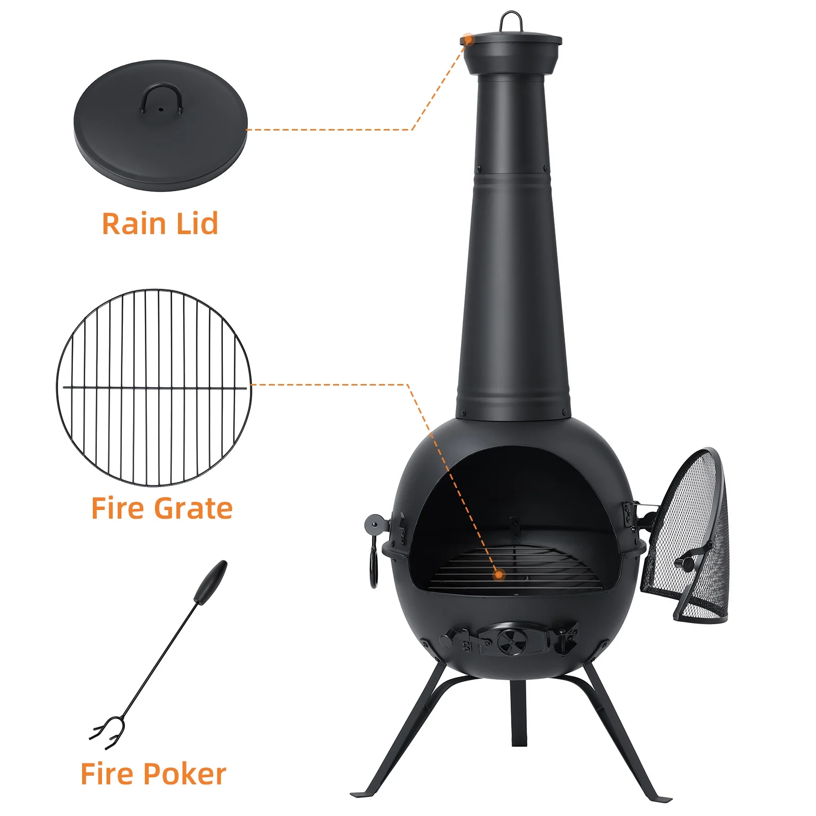 SinglyFire Chiminea Outdoor Fireplace Wood Burning Chimenea Metal Cast Iron Fire Pit with Cover Rain Lids for Backyard Garden Camping Patio Heater - Image 6
