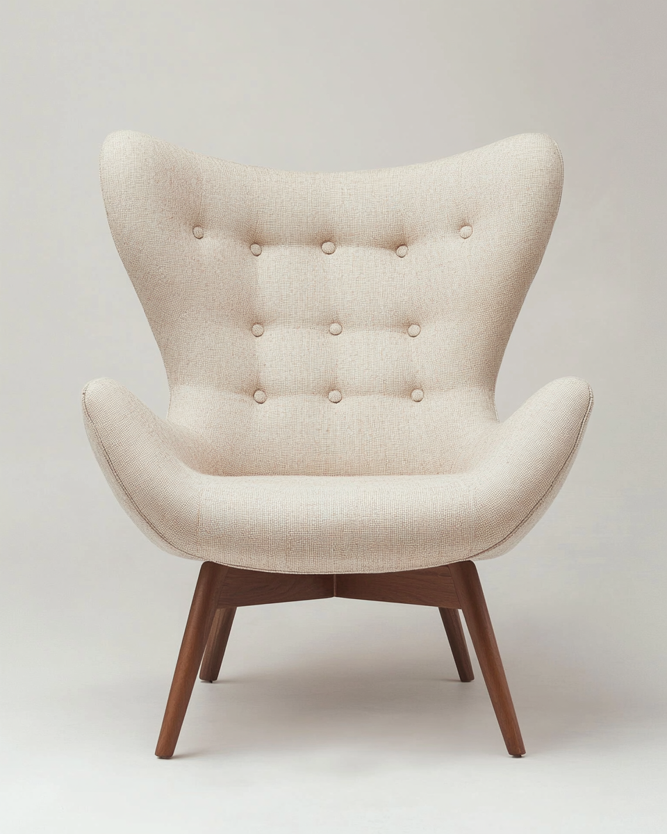 Sillón moderno en tela beige con respaldo curvo y patas de madera oscura