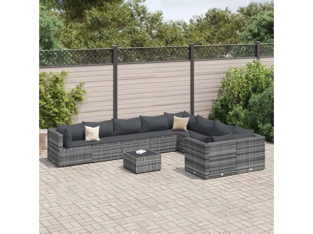 Set de sofás de jardín y cojines 10 pzas ratán sintético gris