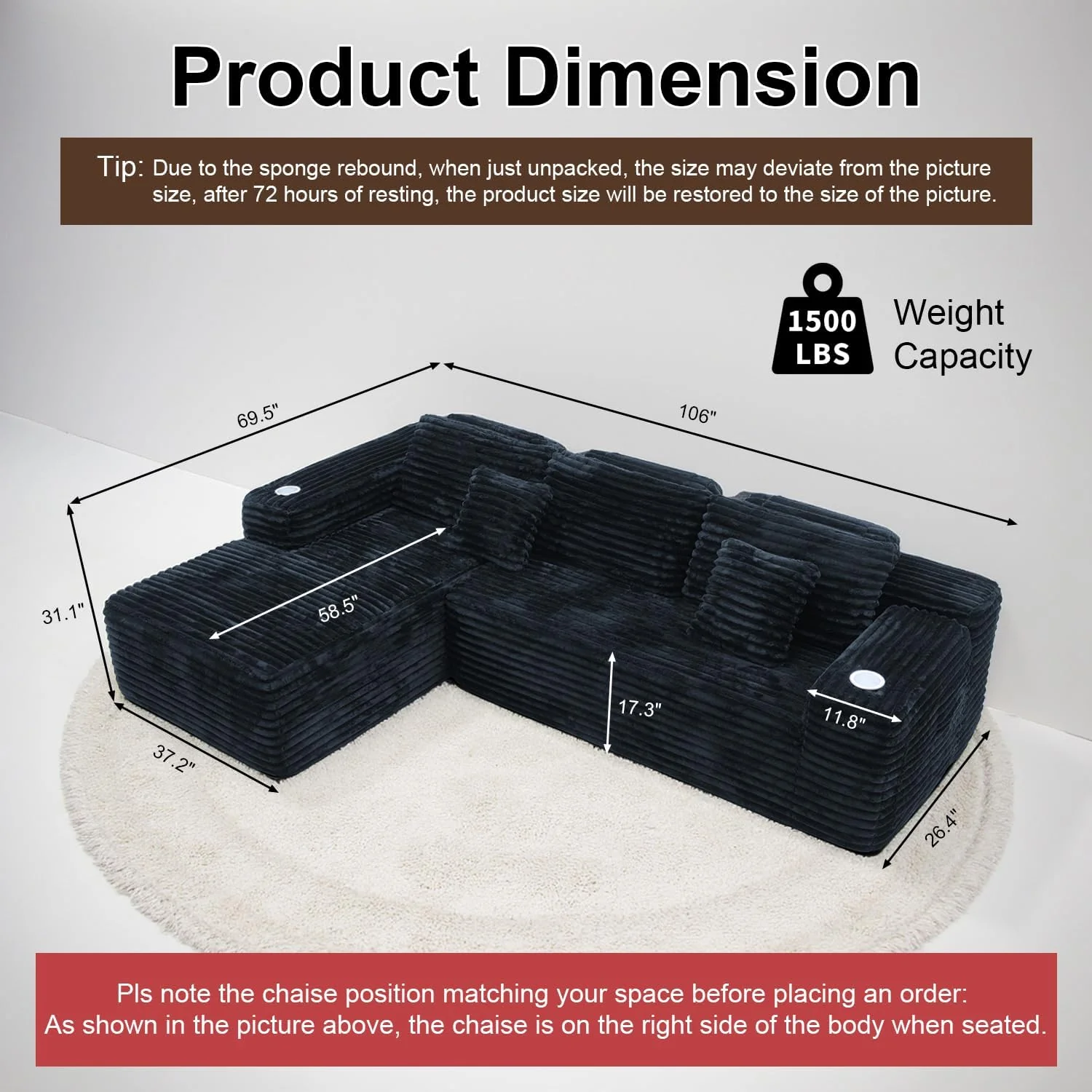 Cloud Sectional Couch with L-Shape Chaise Modern Modular Sofa Deep Seat Built-in Cup Holder