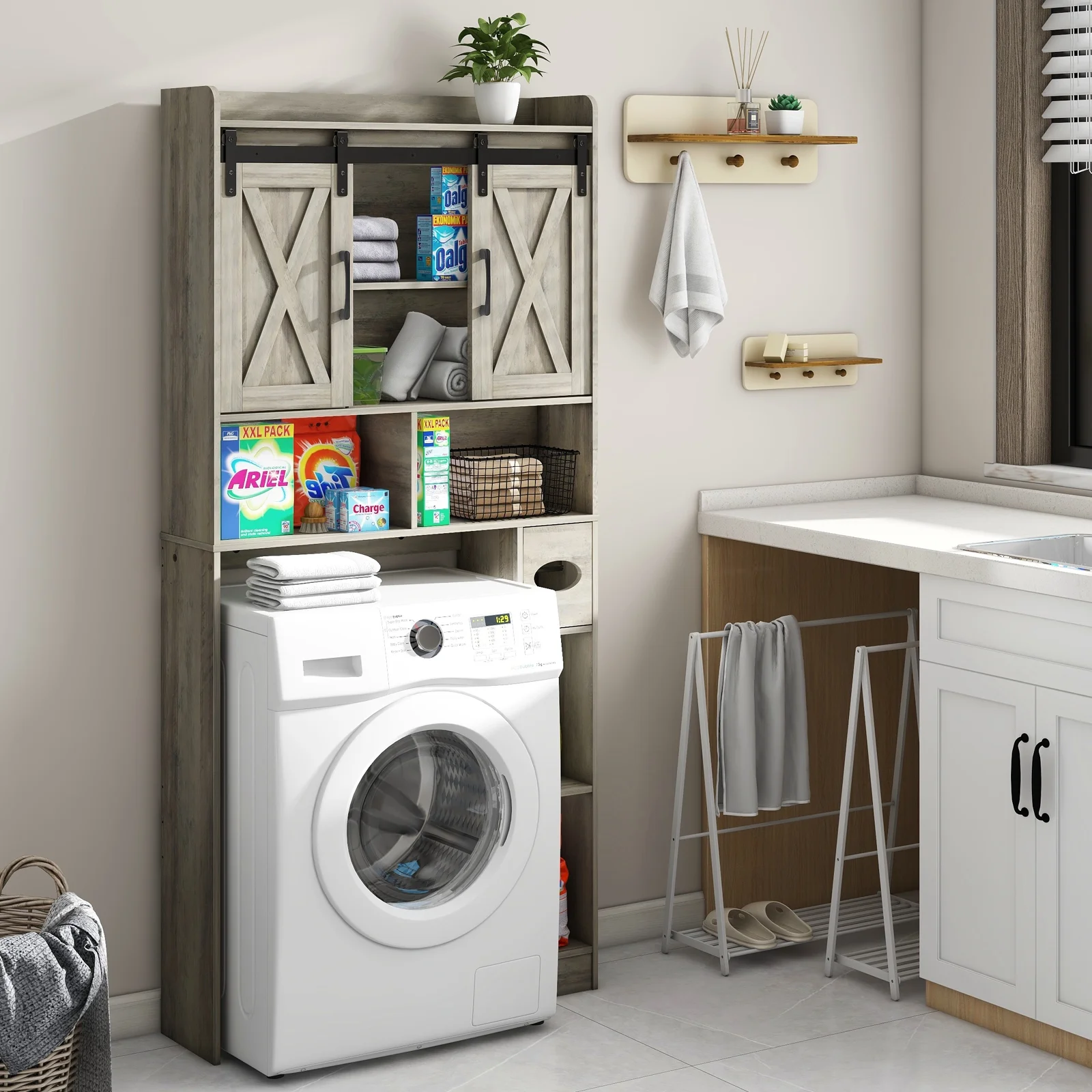 Over The Toilet Storage Cabinet, Farmhouse Storage Cabinet Over Toilet with Sliding Doors-Home Space-Saving Toilet Rack, for Bathroom, Restroom, Laundry - Image 12