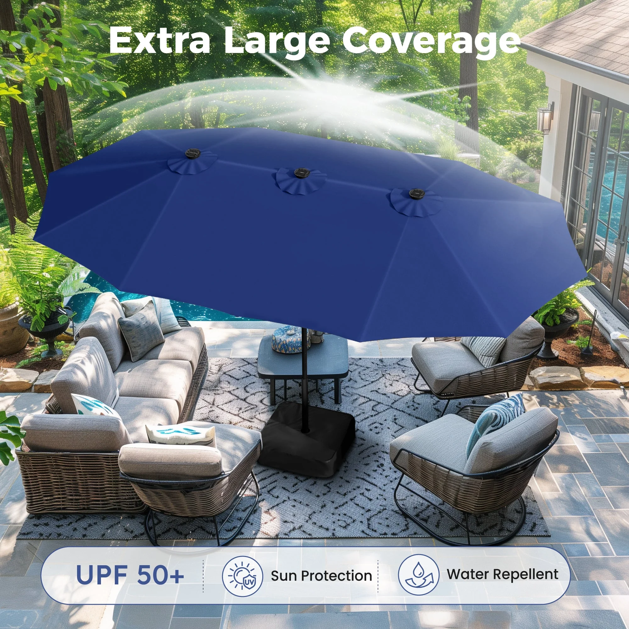 Alpha Joy 15ft Extra Large Outdoor Patio Double-Sided Umbrella with LED Solar Lights & Umbrella Base, Beige - Image 34