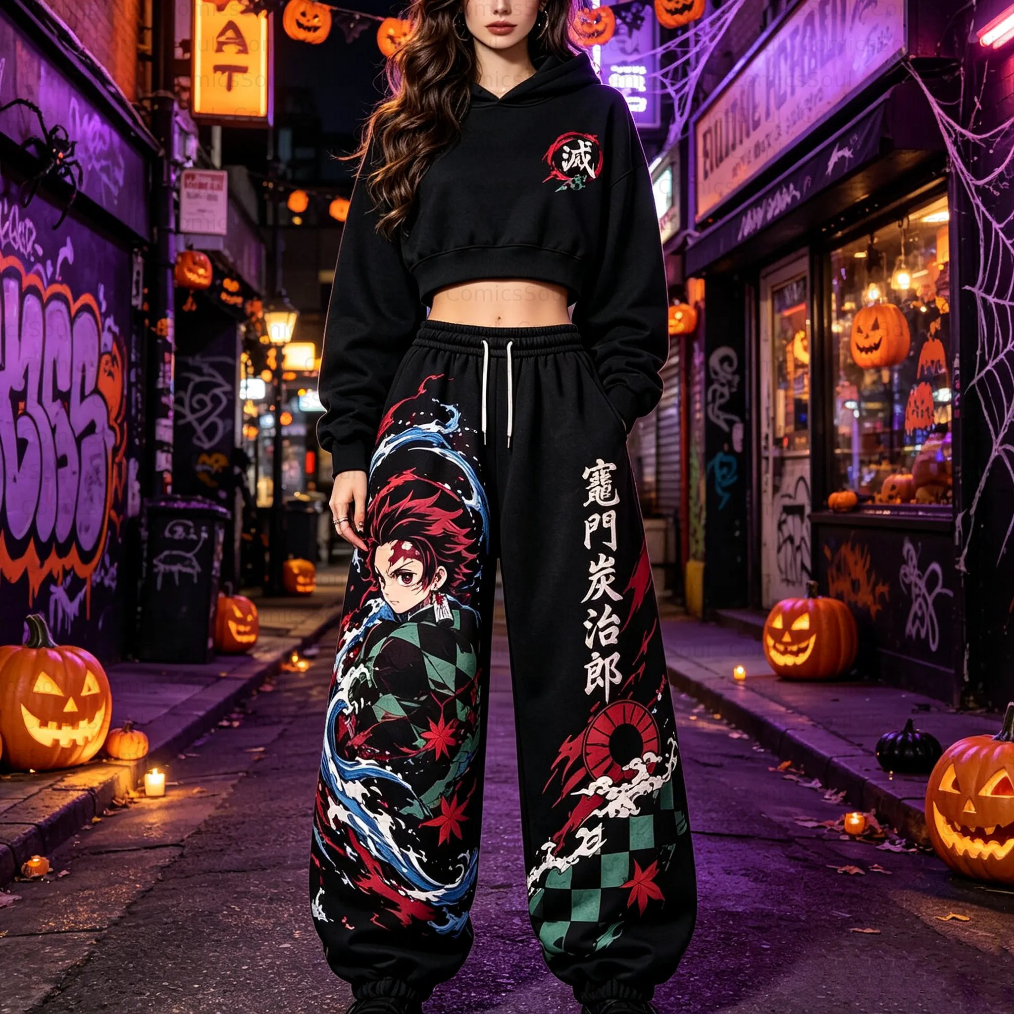Demon Slayer Cropped Long Sleeve Hoodie & High Waist Jogger Pants Two Piece TeeThreads Sustain the Scene with Custom Apparel