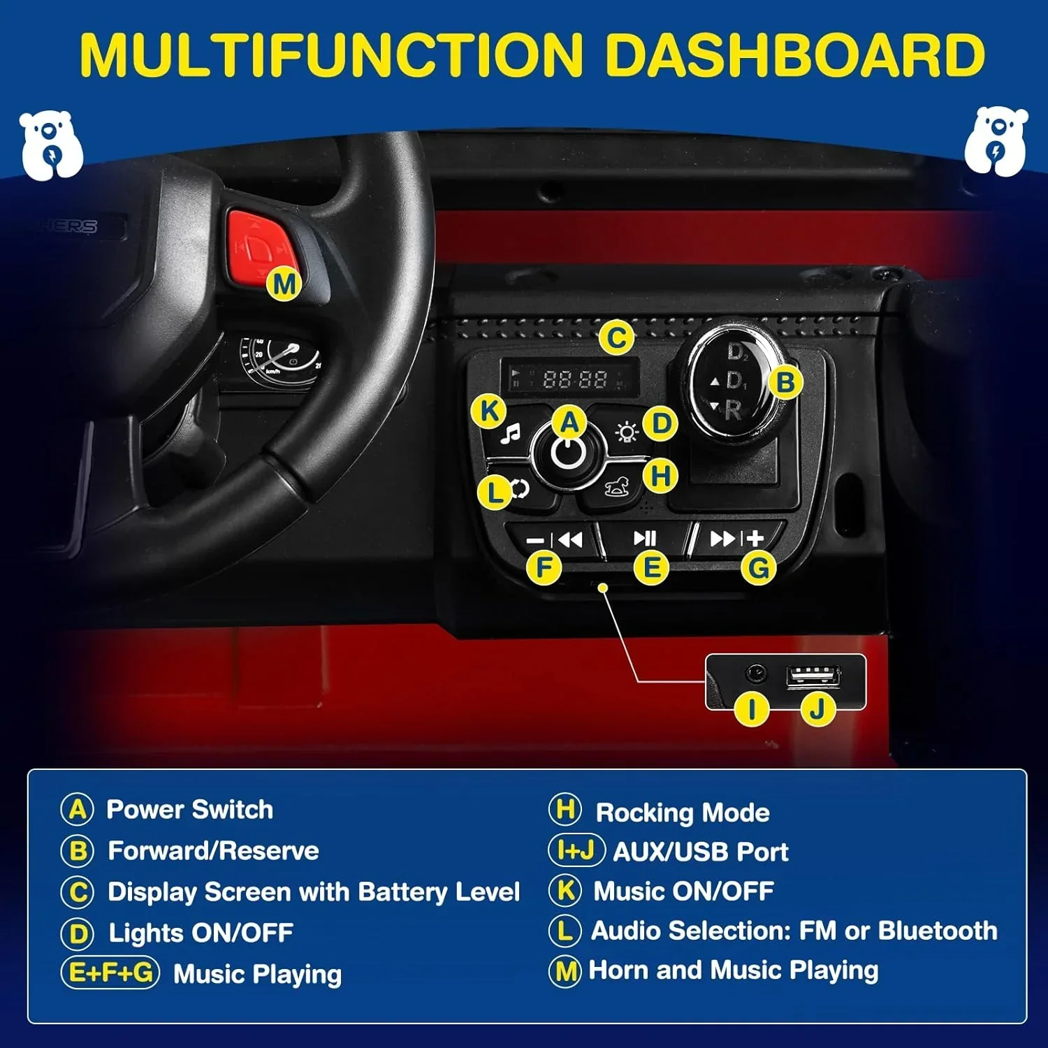 L8 Ride On Car 2 Seater 12V Kids Electric Car Remote Control 4-Wheel Suspension Bluetooth Speaker