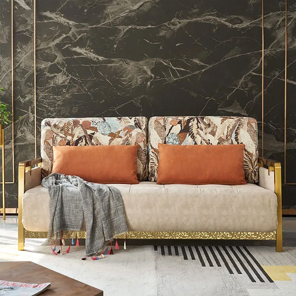 Modern Queen Convertible Sleeper Sofa Gold Metal Beige Upholstered Sofa Bed Pillow