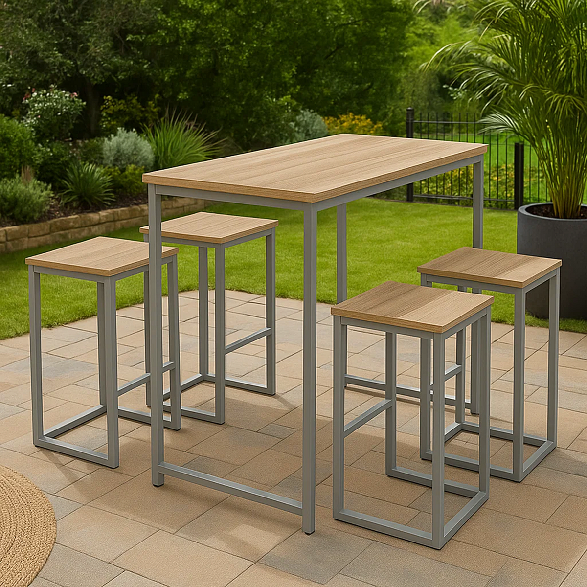 Conjunto de bar para jardín 5 pzas acero y MDF marrón claro – mesa alta y 4 taburetes