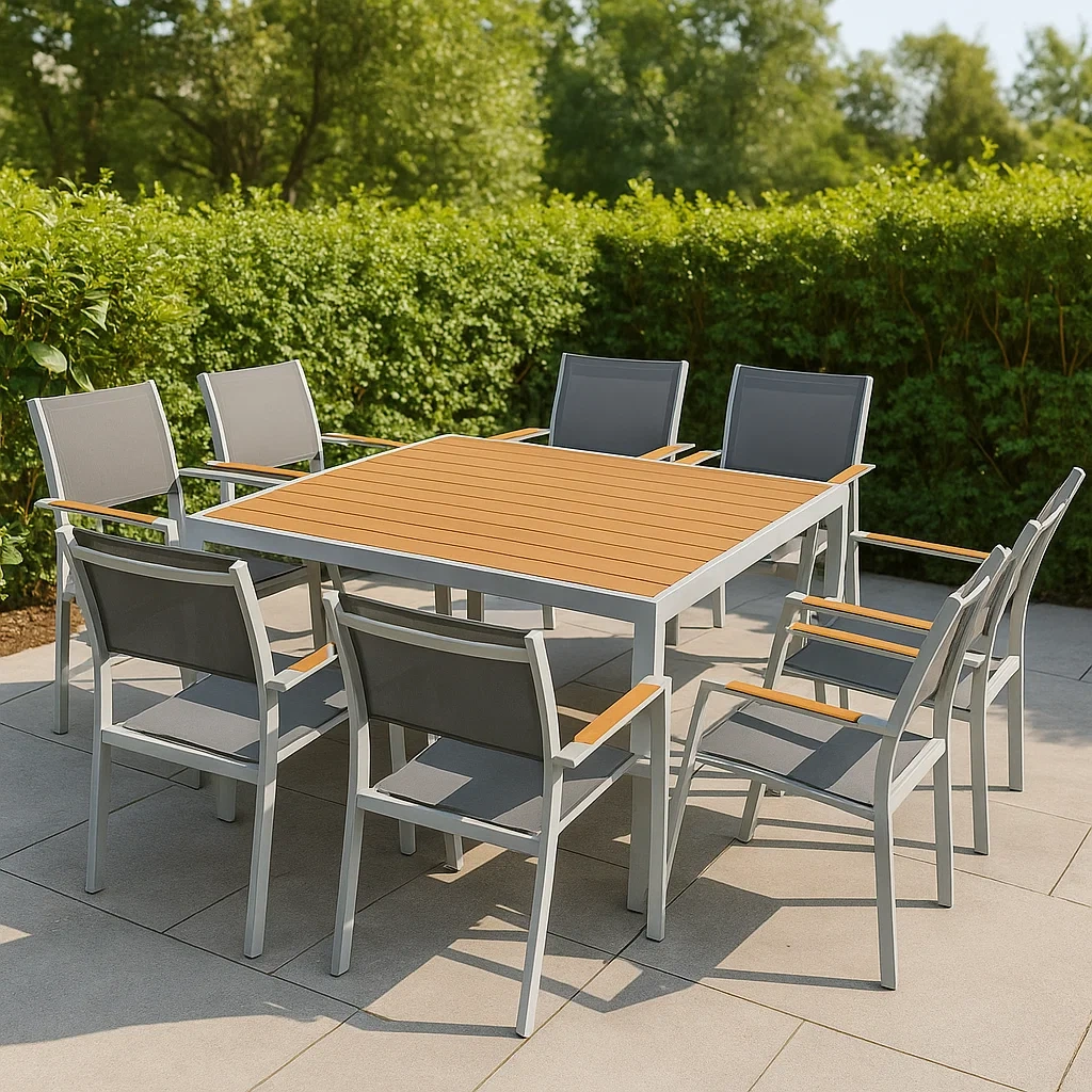 Conjunto de comedor de jardín para 8 personas,Mesa cuadrada efecto madera con estructura blanca de aluminio,8 sillas con respaldo textilene - HeAnrOr182Ta