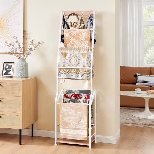 Blanket Ladder, 7 Tier Blanket Ladders for The Living Room,Wooden Ladder Shelf with Hooks, 5.5ft Blanket Holder Rack Farmhouse Ladder Rack for Storage and Home Decor, Rustic Brown and Black