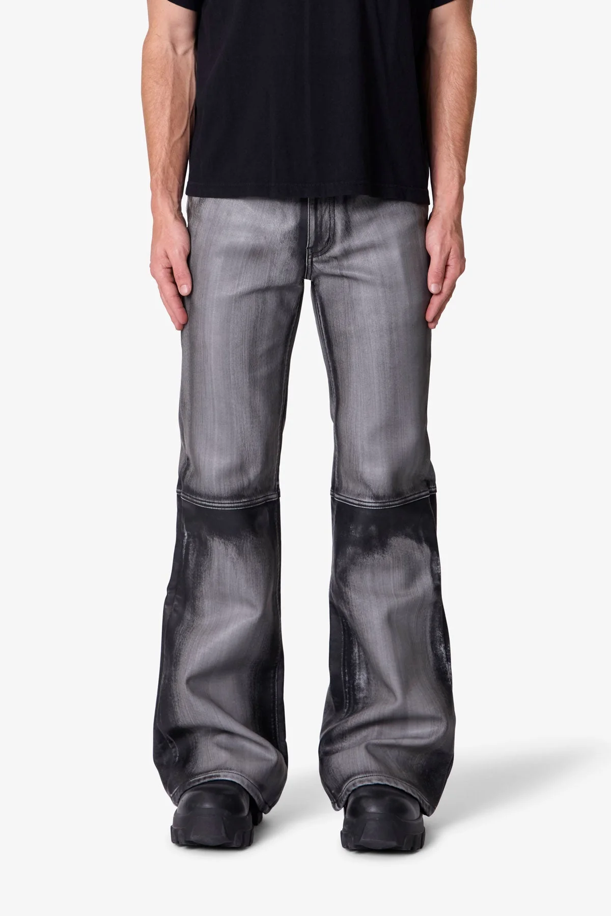 Washed Leather Flare Pants - Black