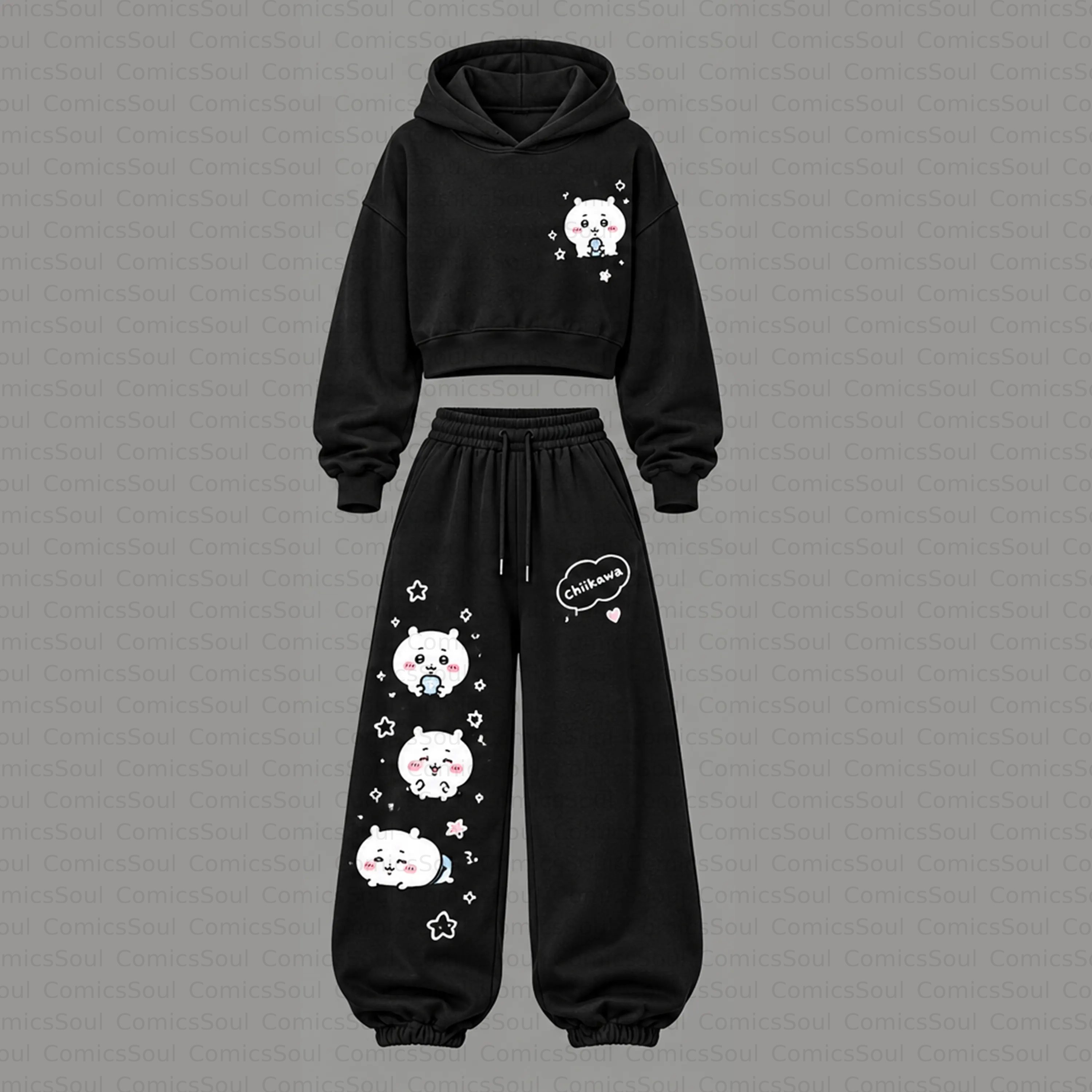 Chiikawa Cropped Long Sleeve Hoodie & High Waist Jogger Pants Two Piece Set 3525995 TeeThreads Sustain the Scene with Custom Apparel