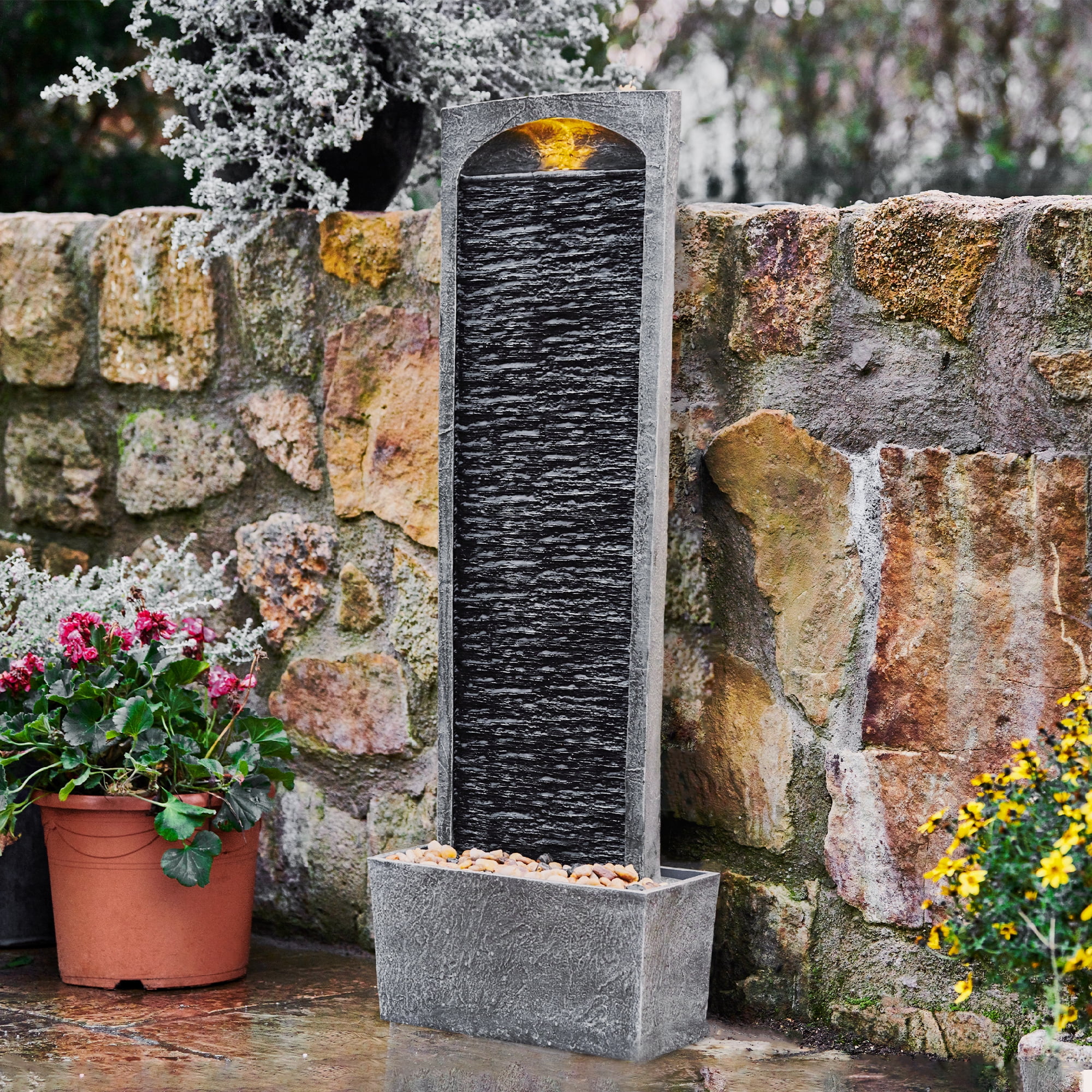 Teamson Home 38.5" Faux Slate Contemporary Outdoor LED Waterfall Fountain with Pebble Base, Red Rock - Image 16