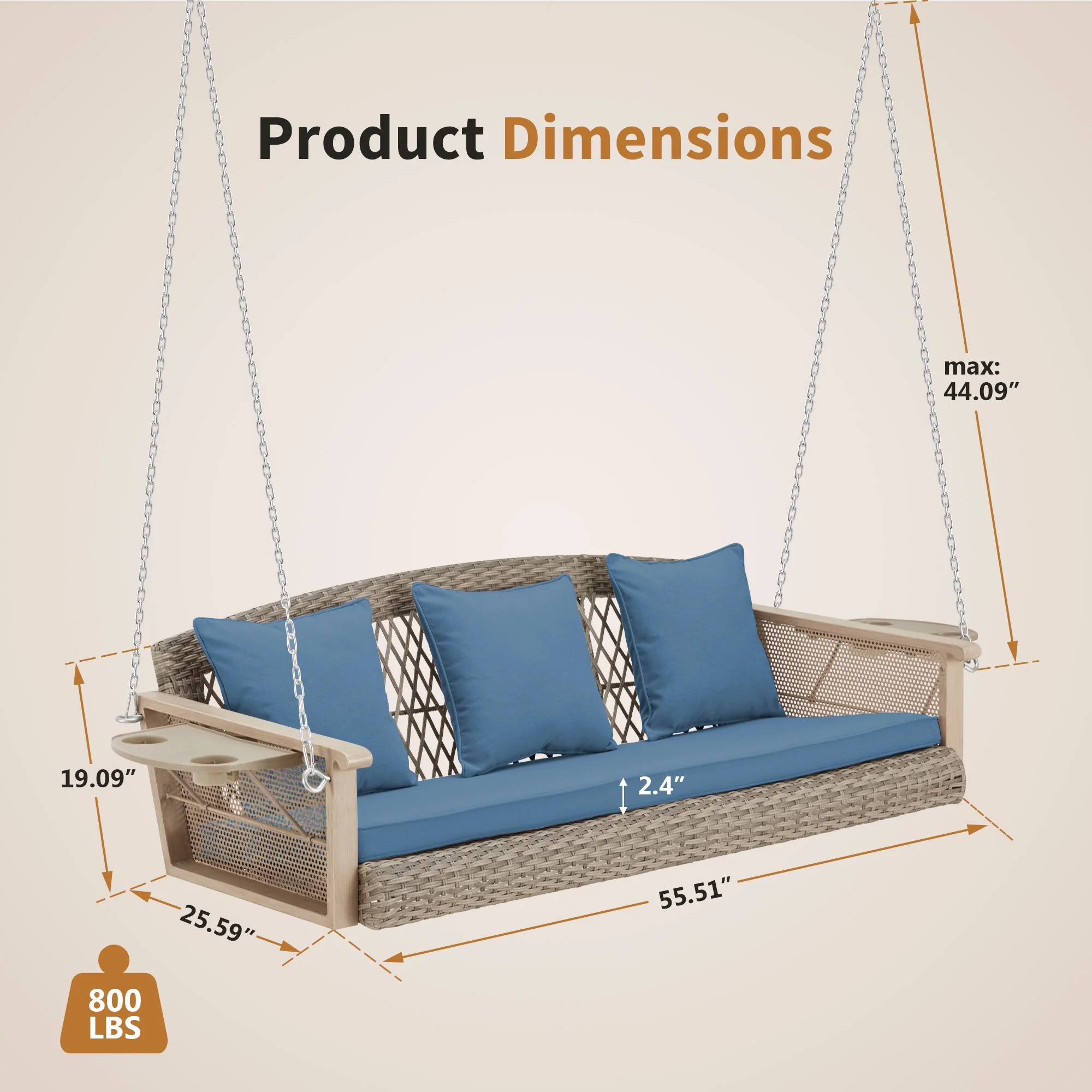 Homrest 3-Person Porch Swing 55in Wicker Hanging Swing Bench with Cushions and Cupholders for Deck, Garden and Backyard, Beige - Image 46