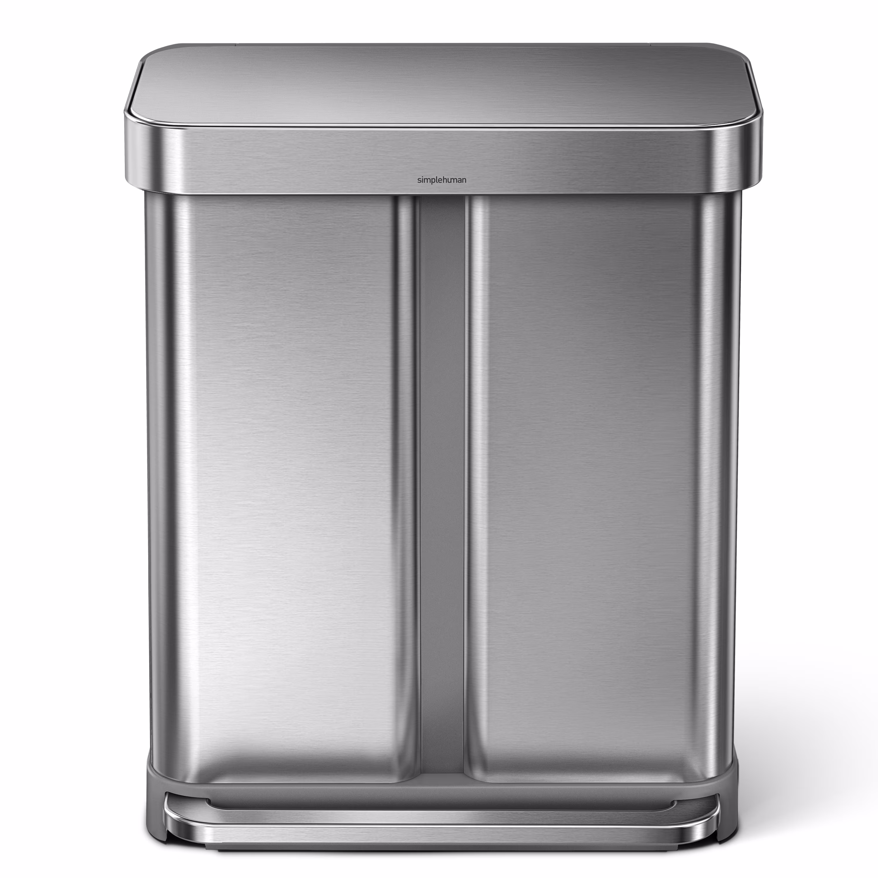 simplehuman 58 Liter / 15.3 Gallon Rectangular Dual Compartment Recycling Step, Brushed Stainless Steel with Soft-Close Plastic Lid Kitchen Trash Can