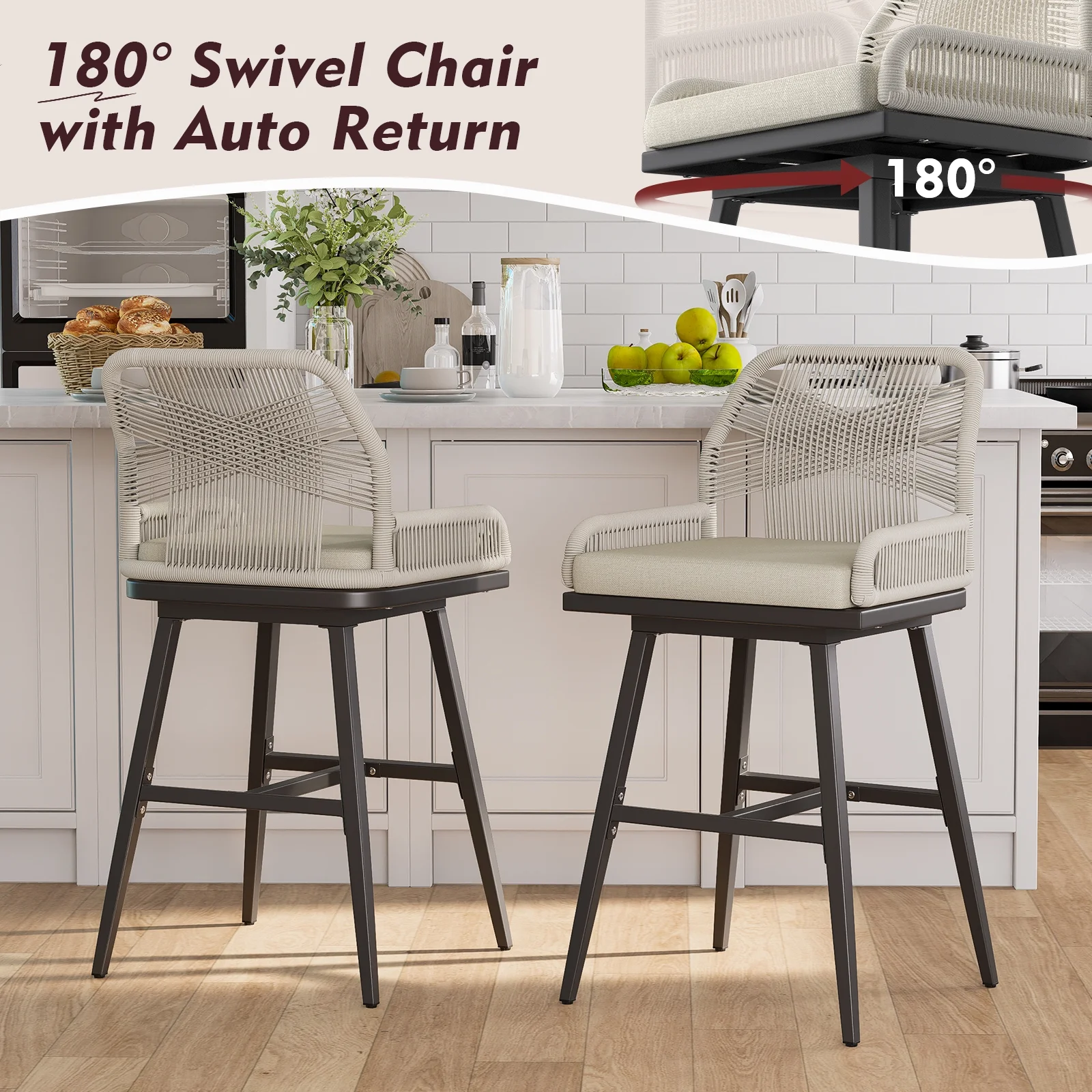 MEISSALIVVE Set of 2 Rattan Swivel Bar Stools, 26" Counter Height with Woven Rope Back, Cushioned Patio Bar Chairs for Kitchen, Garden, Beige - Image 7